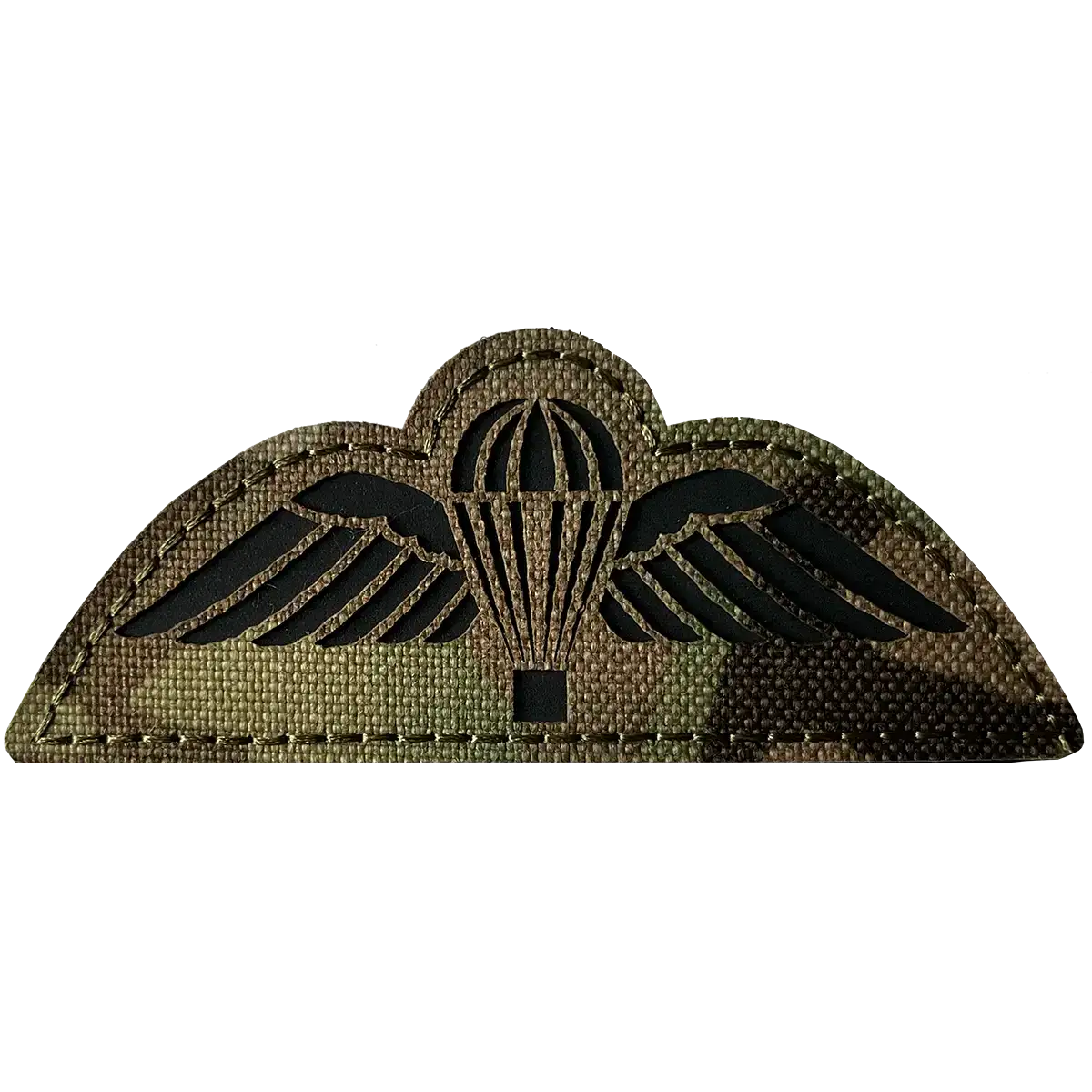 Close-up of camouflage fabric with laser cut parachute wings insignia patch, hook & loop backing for military uniform attachment - SKU: JB1643