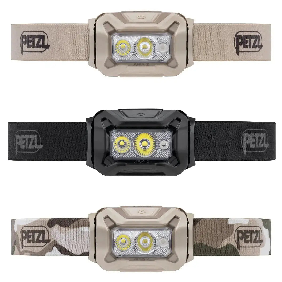 Beige Petzl Aria 2 RGB waterproof headtorch with adjustable strap and LED lights, ideal for outdoor activities and professional use - SKU: JB1276-CAM