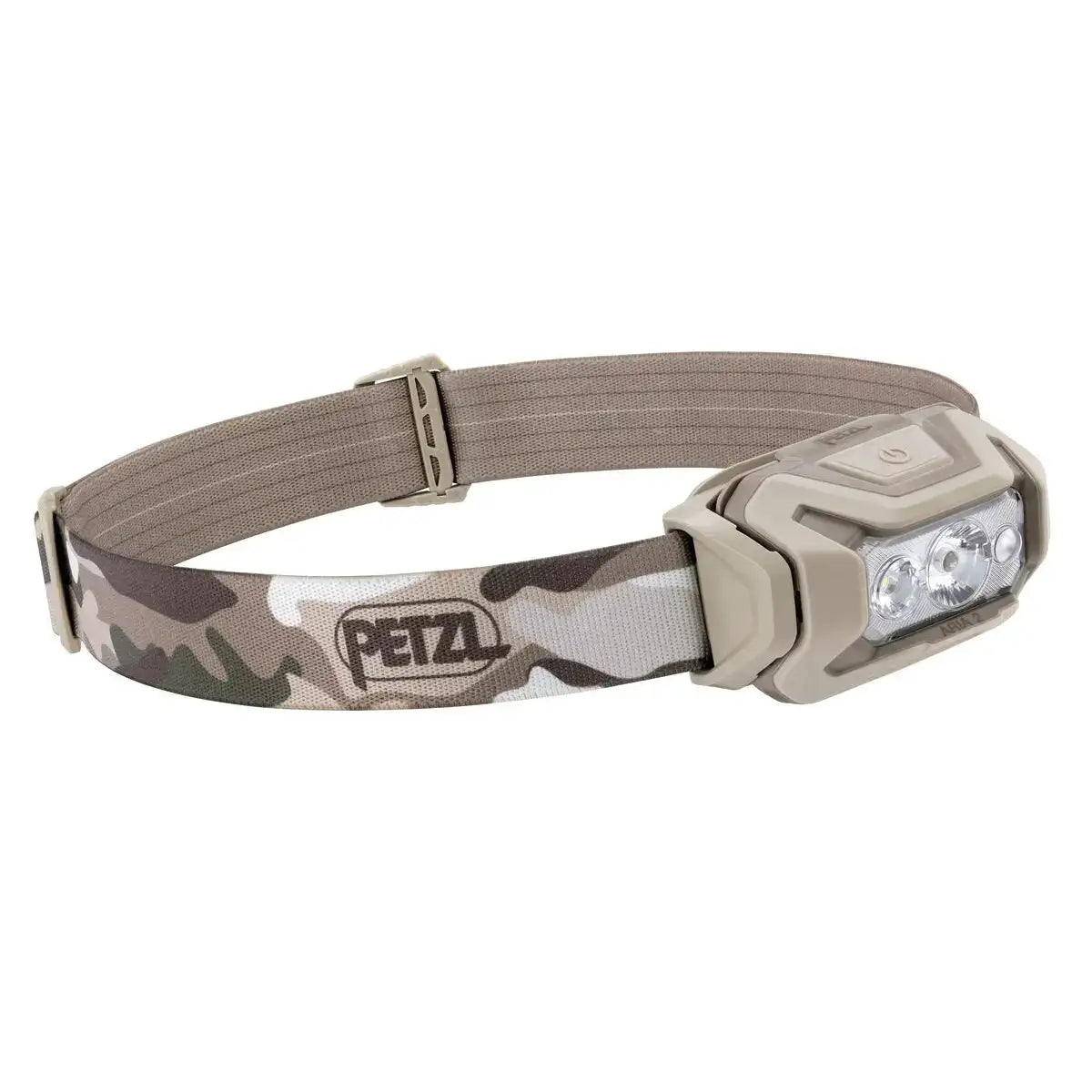 Beige camouflage Petzl Aria 2 RGB waterproof headtorch with adjustable strap and LED lights, outdoor gear, SKU: JB1276-CAM