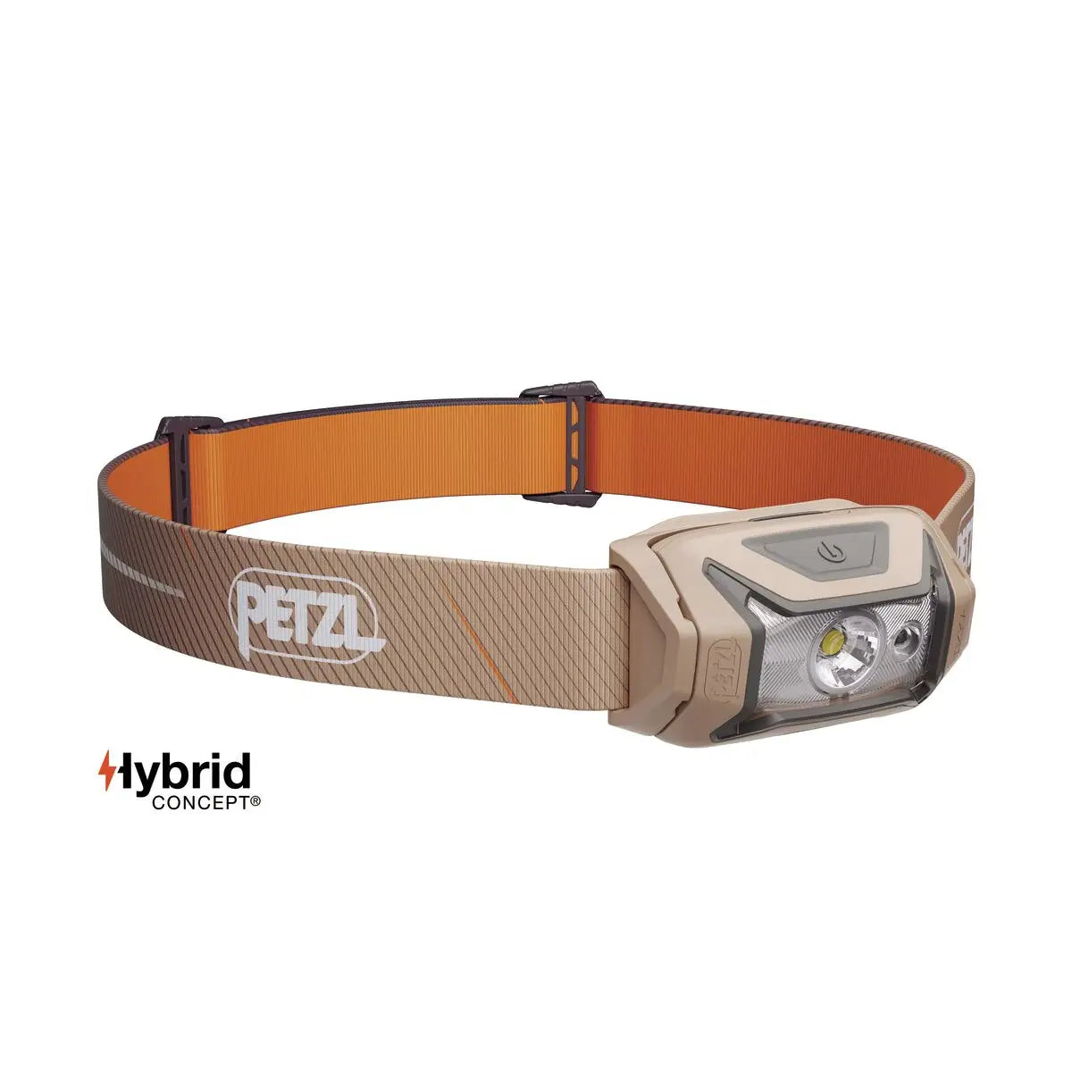 Beige and orange Petzl Tikka Core Headtorch with Red Light 450 Lumens, perfect for hiking, camping, and nighttime work environments.