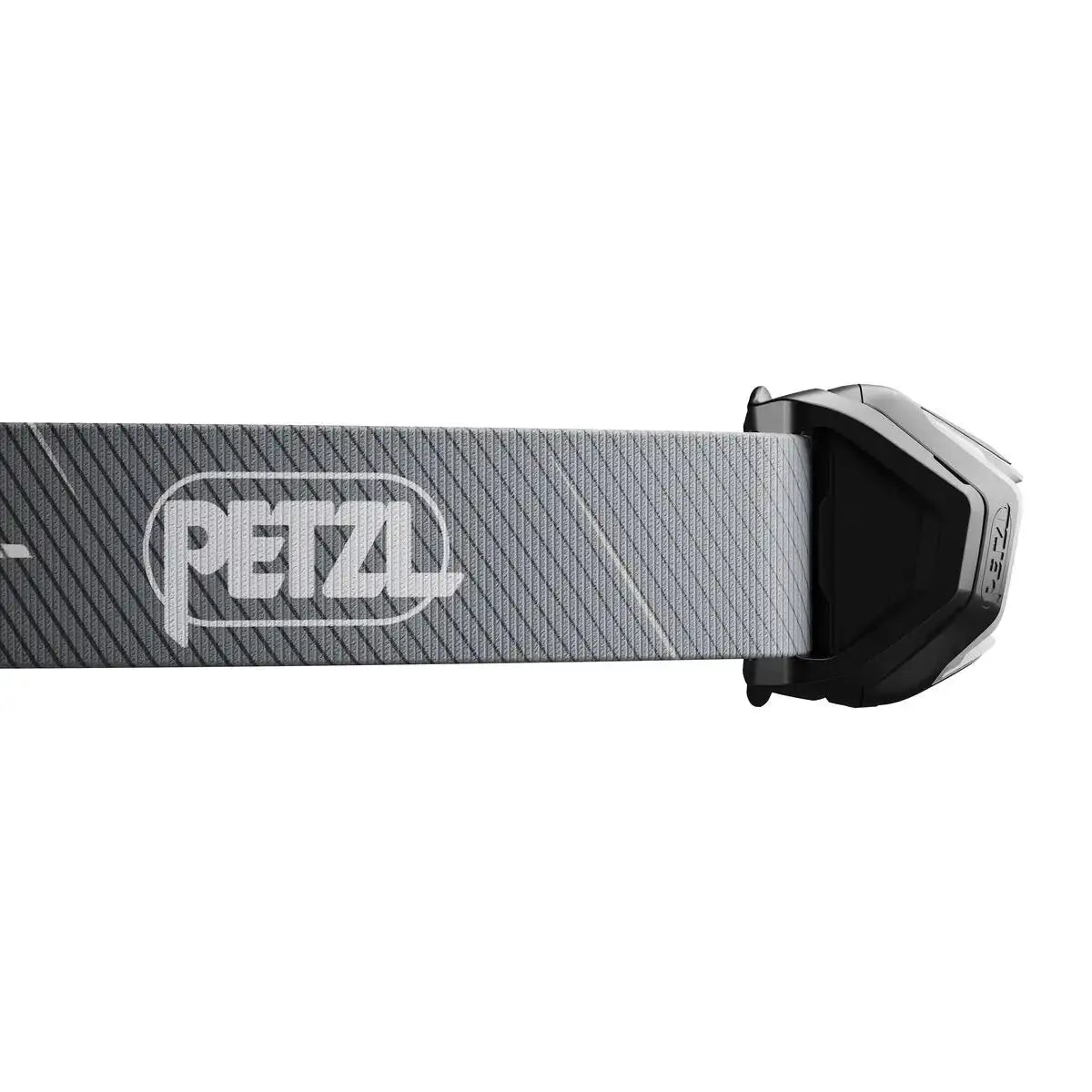 Close-up of grey Petzl Tikka Core Headtorch strap with logo, showcasing durable and adjustable headband for secure fit.  from  John Bull Clothing 