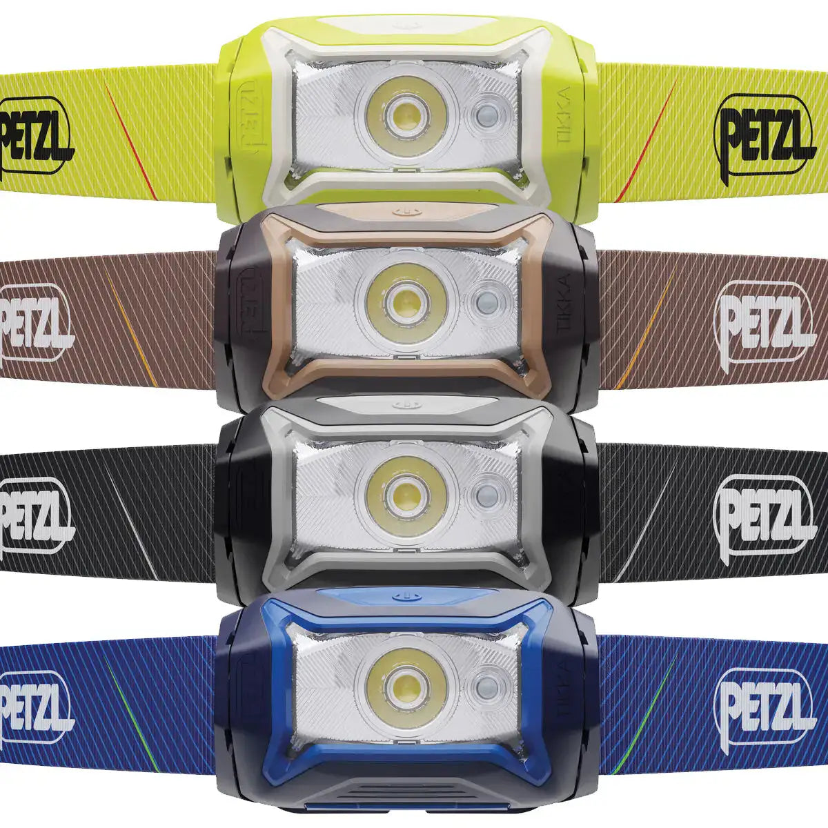 Bright Petzl Tikka head torch with red light, adjustable strap in yellow with black logo, compact LED light for outdoor activities - SKU: JB1275-BL