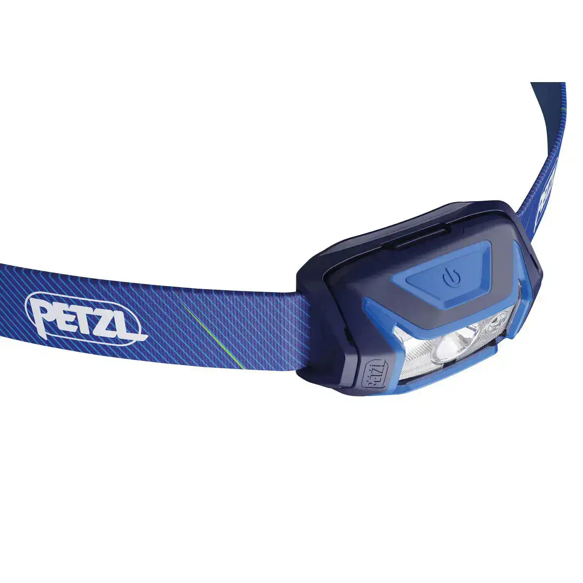 Blue Petzl Tikka head torch with adjustable strap, power button, LED light, and red light mode, designed for outdoor activities - SKU: JB1275-BL