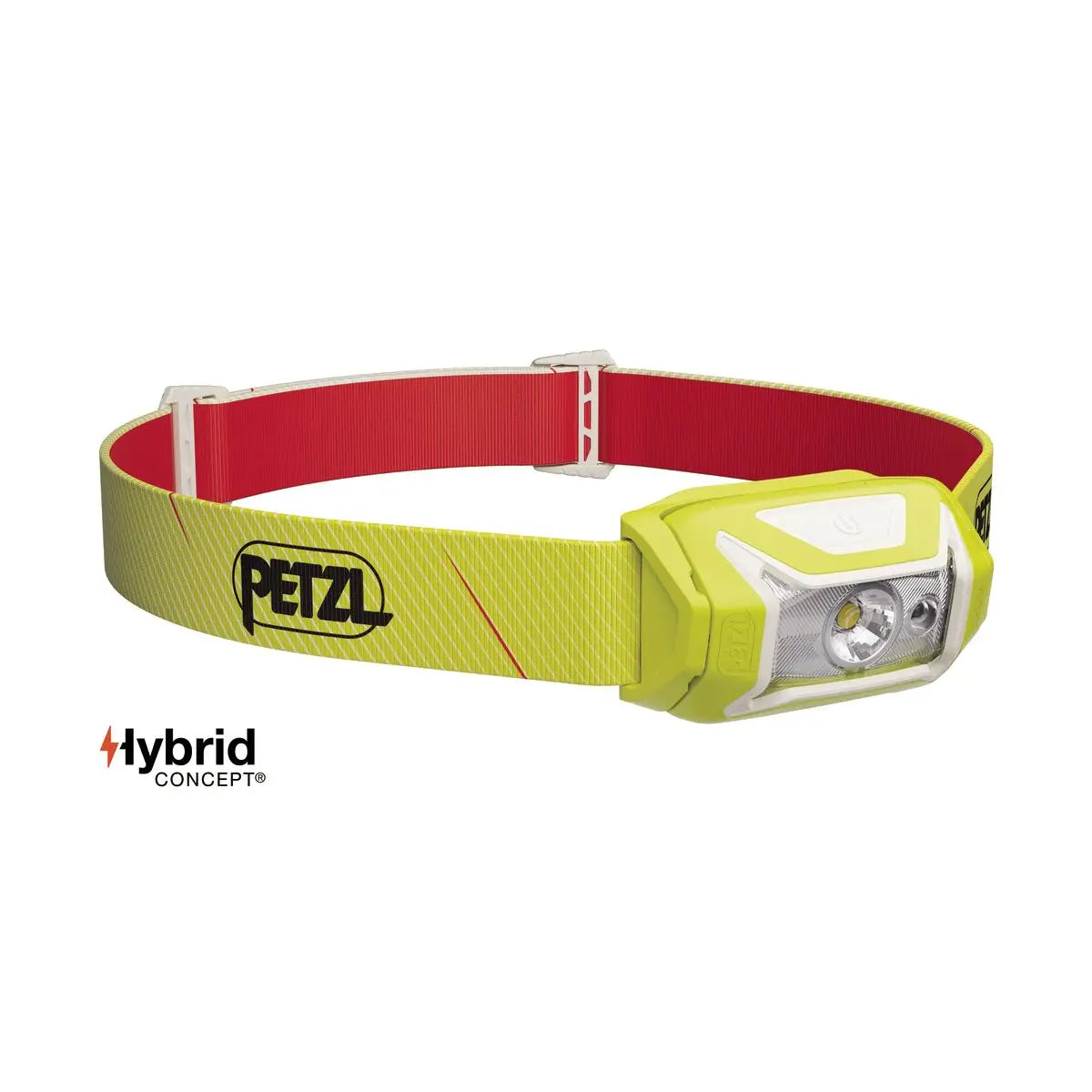 Petzl Tikka Head Torch with Red Light 350 Lumens in lime green and red, featuring Hybrid Concept compatibility for versatile power options.