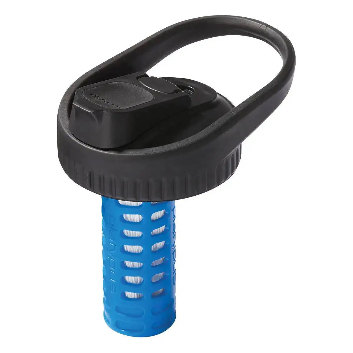 Platypus DayCap In Water Bottle Filter with black lid and blue filtration system for wide-mouth bottles, ideal for outdoor hydration.  from  John Bull Clothing 