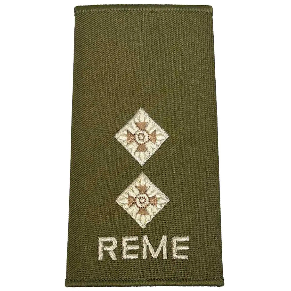 Double pip REME Olive Green Rank Slide with ivory and brown embroidery, suitable for lieutenants in military service. LT from  John Bull Clothing 