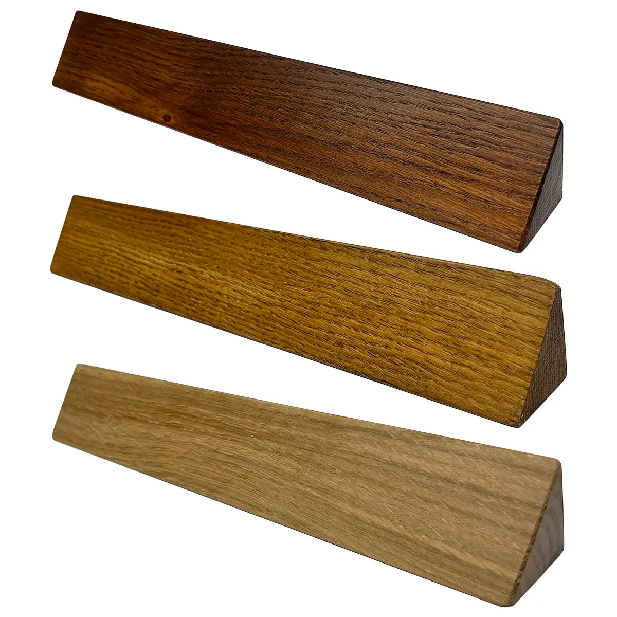 Three Regimental Desk Name Plate wooden blocks in oak finish, showcasing Toblerone-style triangular shape for stable desk mounting.