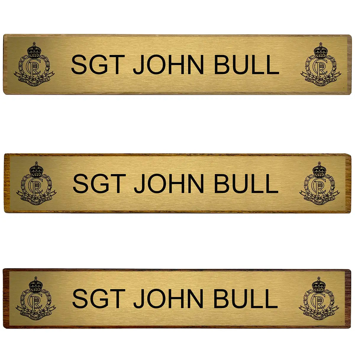 Set of three Regimental Desk Name Plates on Wooden Blocks (Toblerone) with engraved brass plates, displaying military rank and insignia.