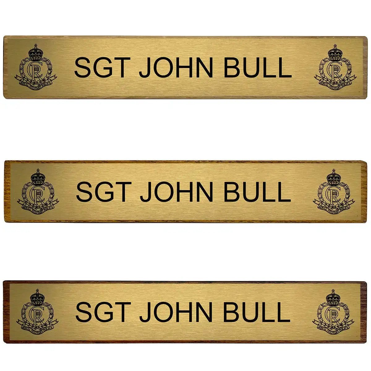 Set of three Regimental Desk Name Plates on Wooden Blocks (Toblerone) with engraved brass plates, displaying military rank and insignia.  from  John Bull Clothing 