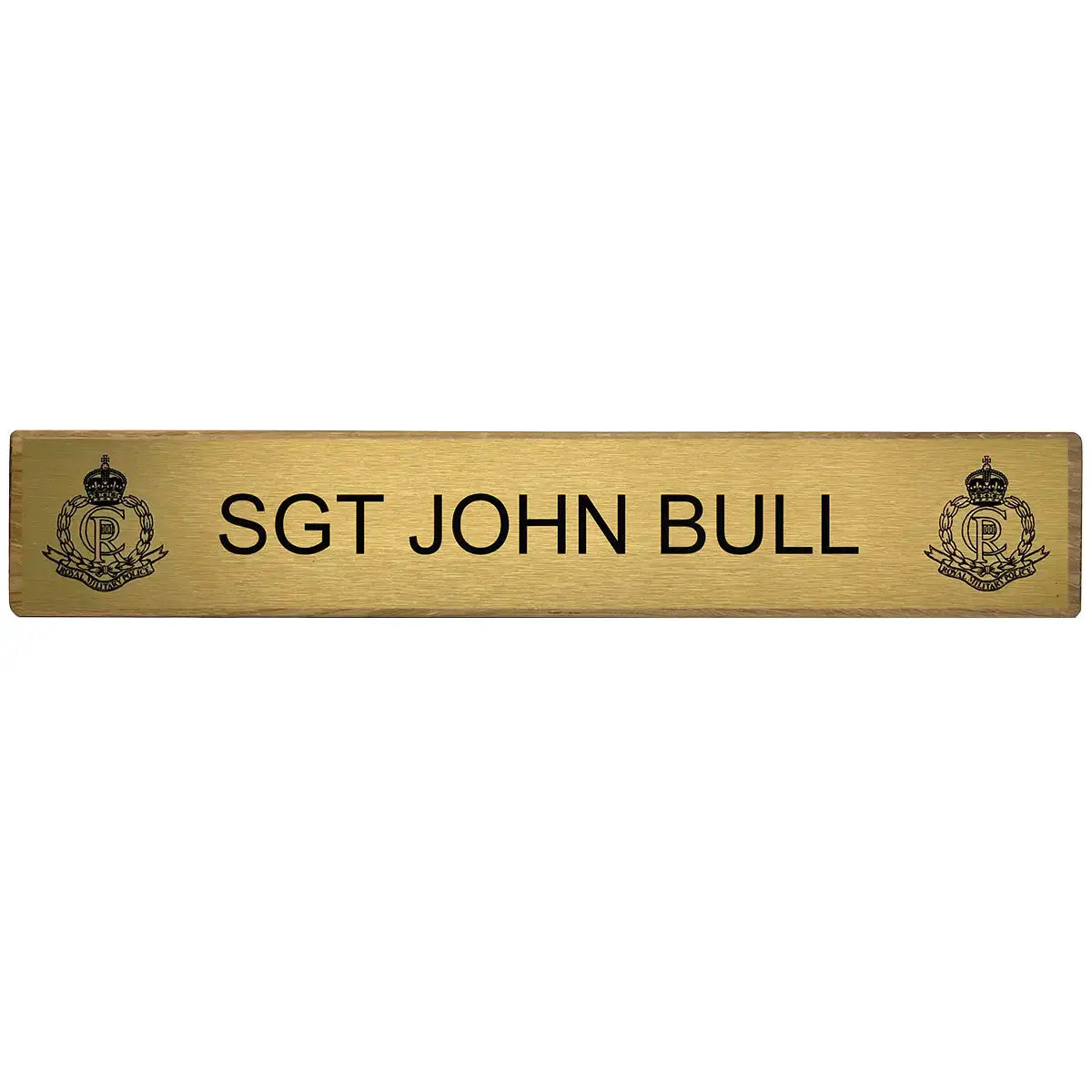 Close-up of Regimental Desk Name Plate on Wooden Block (Toblerone) with engraved brass plate featuring military rank and insignia.  from  John Bull Clothing 