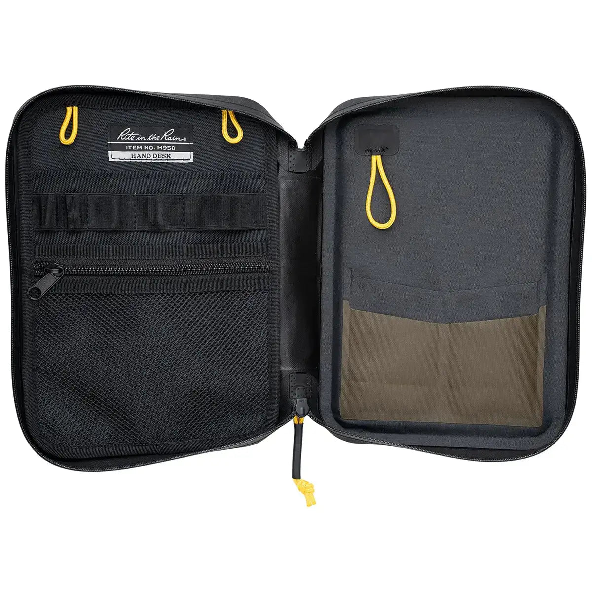 Black waterproof desk organizer with multiple compartments, mesh pockets, and yellow zipper pulls, designed for office supplies and paperwork storage