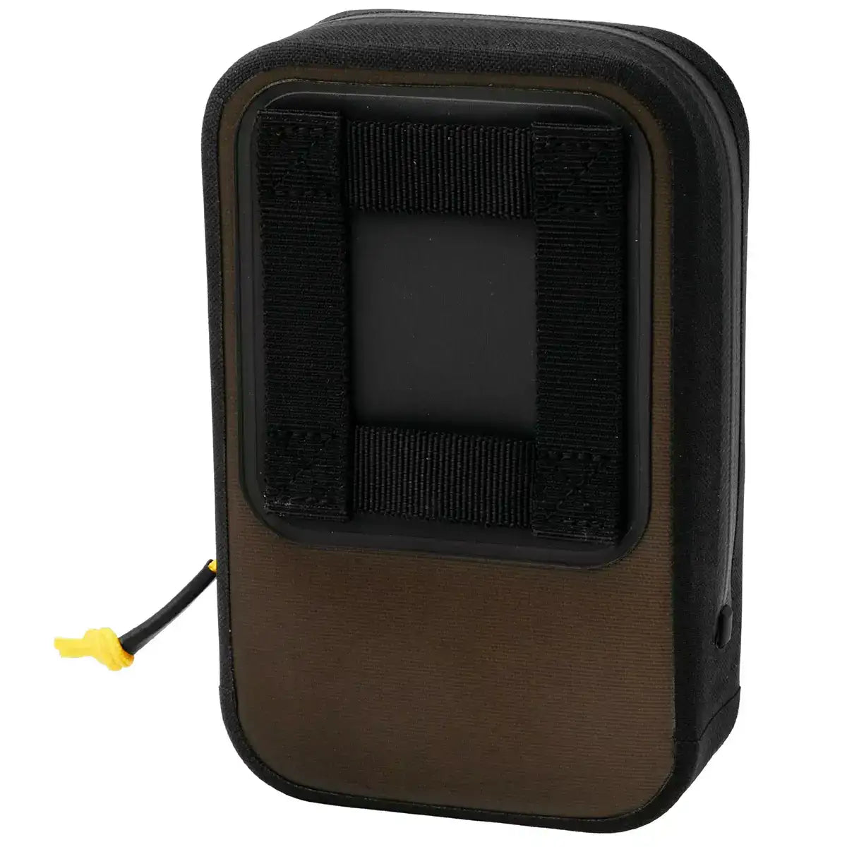 Detail of water droplets on khaki fabric of Rite in the Rain waterproof rain shadow pouch with black zipper and yellow cord, on wooden surface