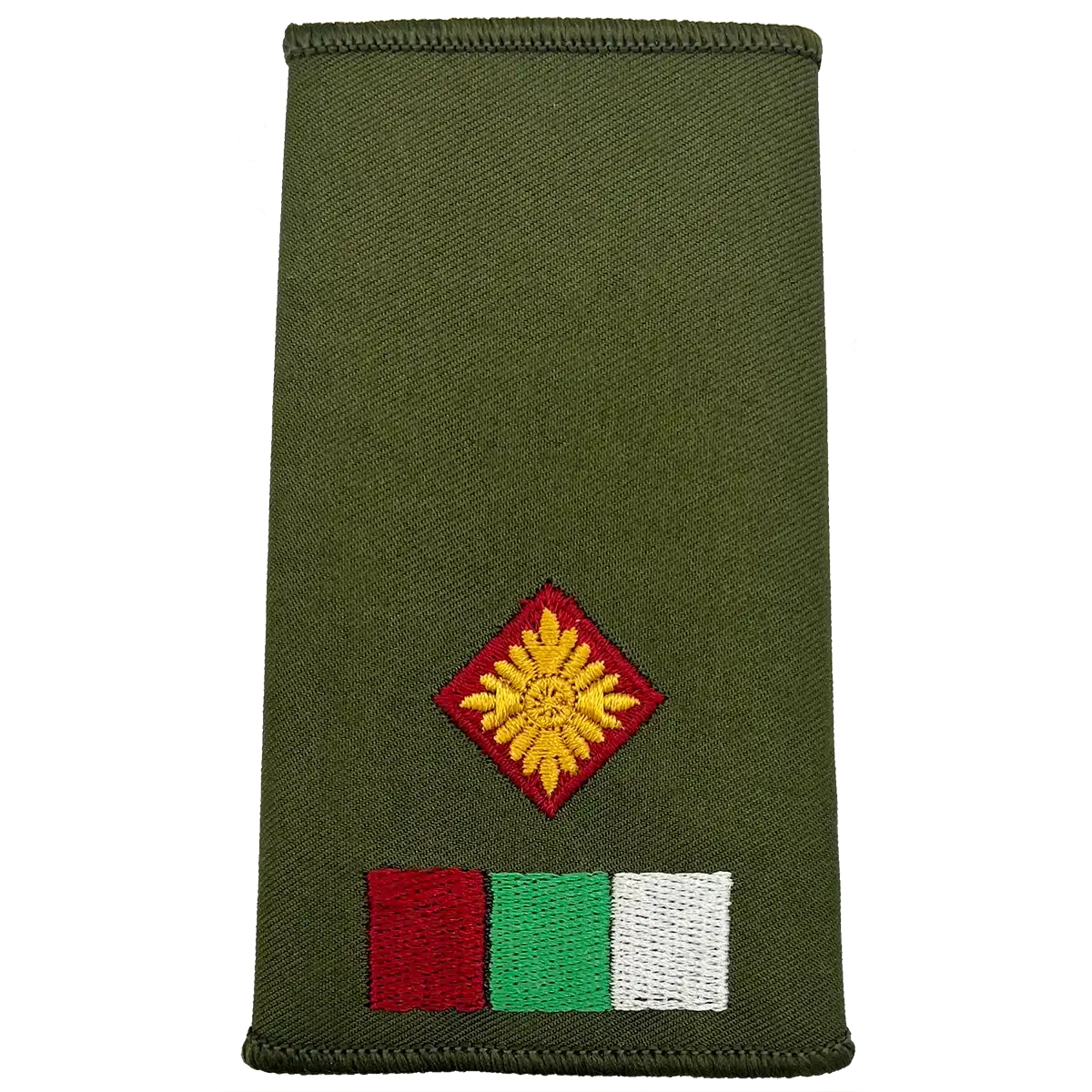 Royal Army Medical Services Olive Green Rank Slide with single pip insignia and tricolor patch, denoting officer rank in military gear. 2nd LT from  John Bull Clothing 