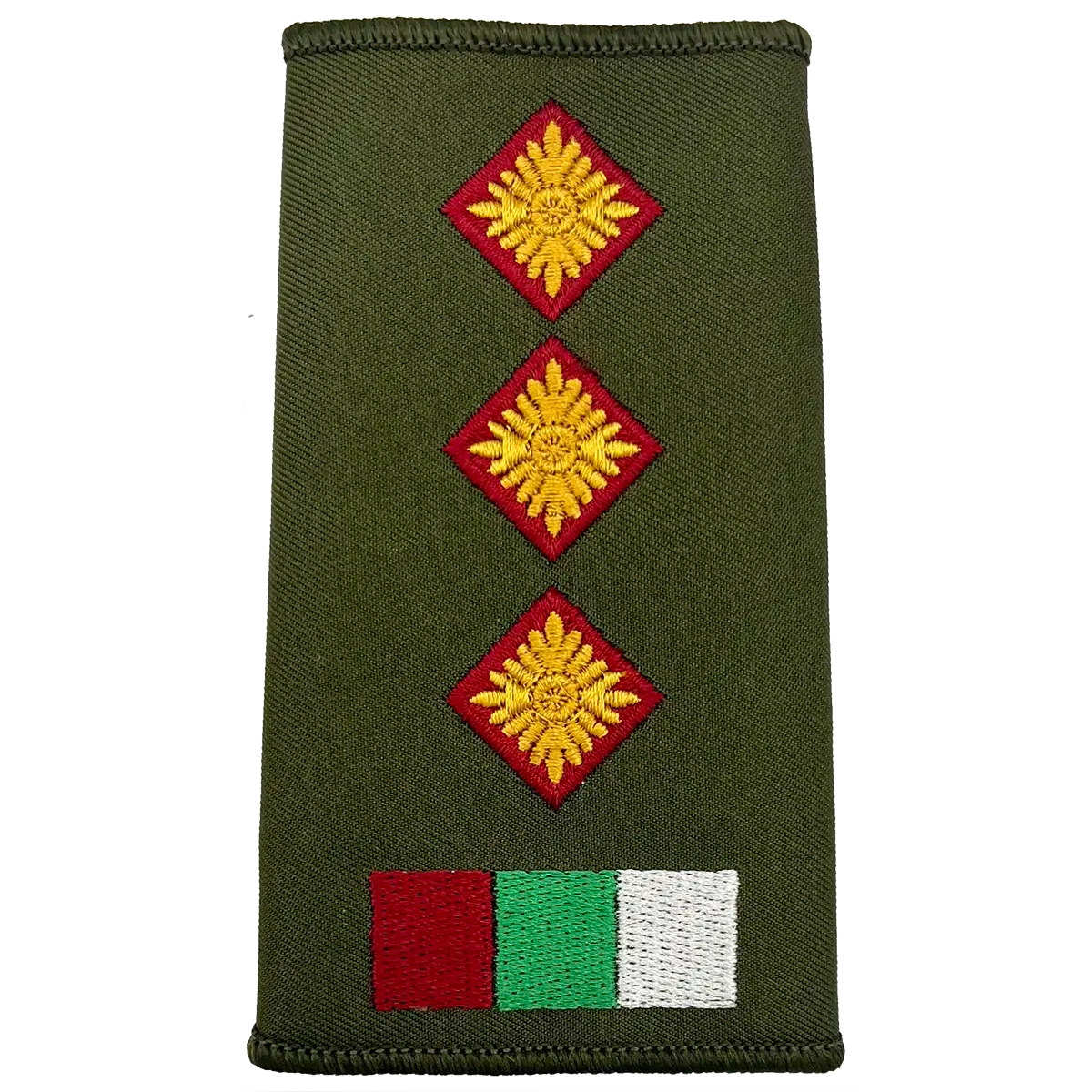 Royal Army Medical Services Olive Green Rank Slide with three pip insignias and tricolor patch, for senior officer ranks in military dress.
