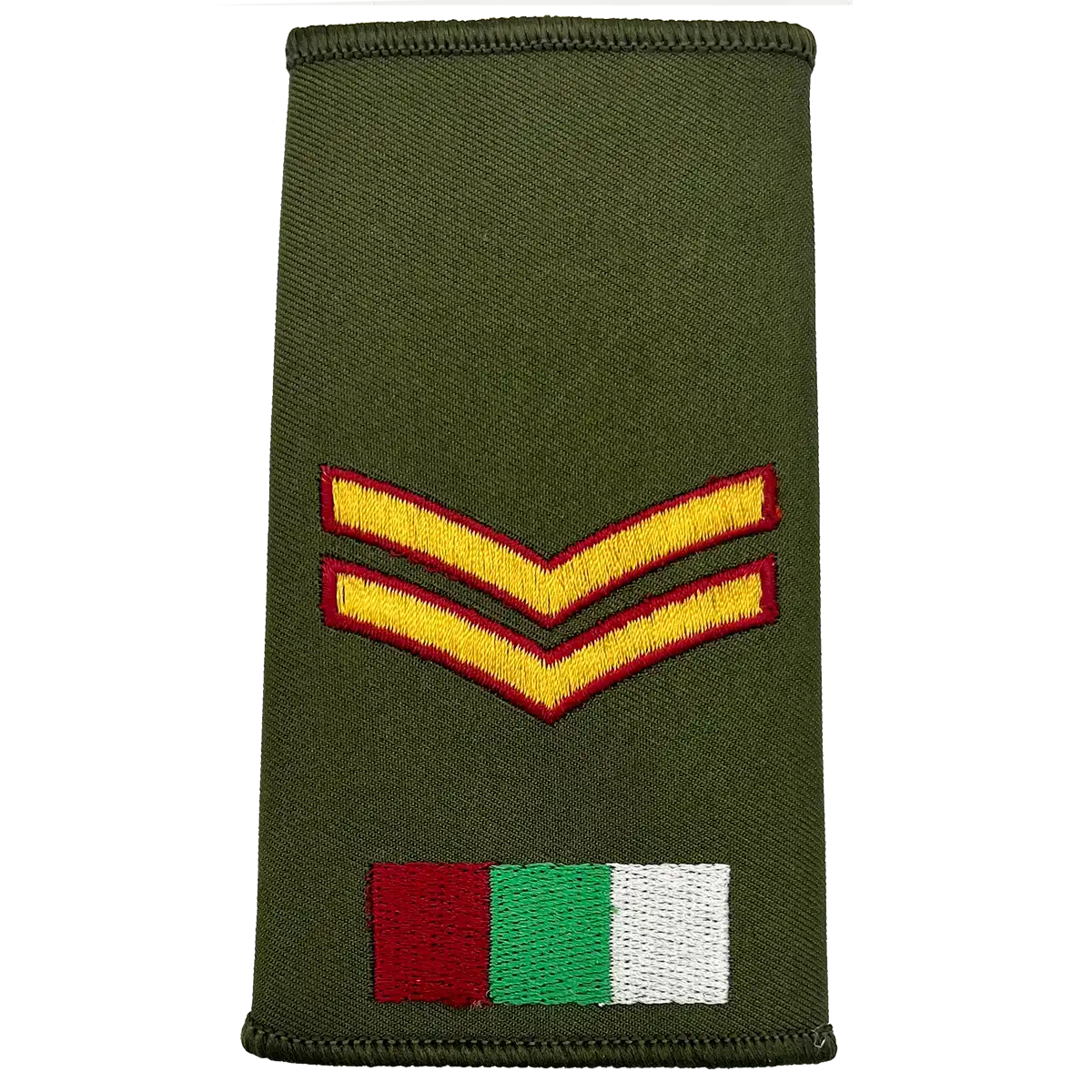 Royal Army Medical Services Olive Green Rank Slide with double chevrons and tricolor insignia, crafted for military apparel use. Corporal from  John Bull Clothing 