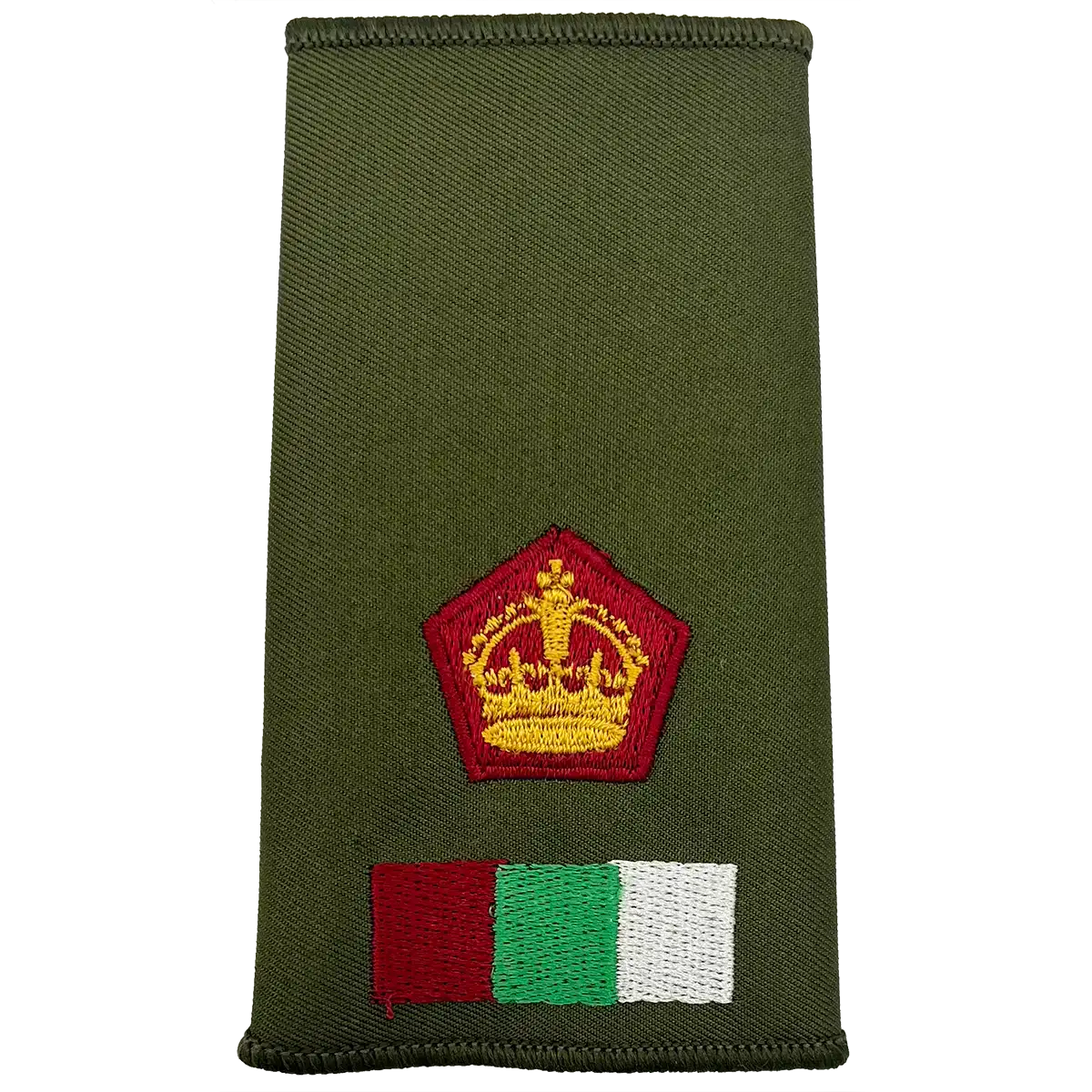 RAMS Olive Green Rank Slide with red crown emblem and tricolor patch, used in British Army medical service uniforms. Major (Kings Crown) from  John Bull Clothing 