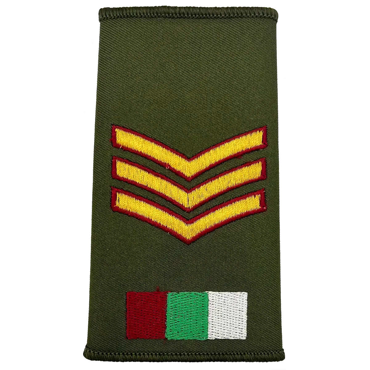RAMS Olive Green Rank Slide with triple chevrons and tricolor patch, designed for British Army medical service uniforms. Sergeant from  John Bull Clothing 