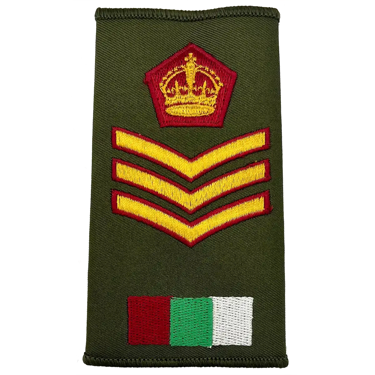 Royal Army Medical Services Olive Green Rank Slide with crown and triple chevrons, signifying senior rank in military apparel. Staff Sergeant (Kings Crown) from  John Bull Clothing 