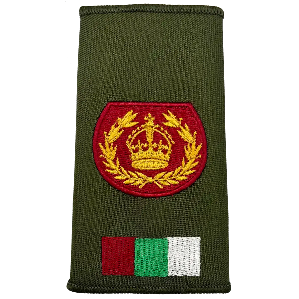 RAMS Olive Green Rank Slide with embroidered crown emblem and tricolor patch, suitable for high-ranking British Army personnel. WO2 RQMS Crown & Laurel Wreath (Kings Crown) from  John Bull Clothing 