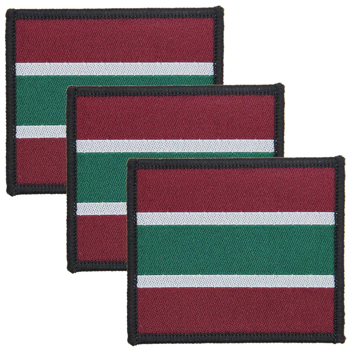 Set of three Royal Army Medical Services RAMS Iron On TRF Badges in maroon, green, and white stripes for military uniforms. 3 Pack from  John Bull Clothing 