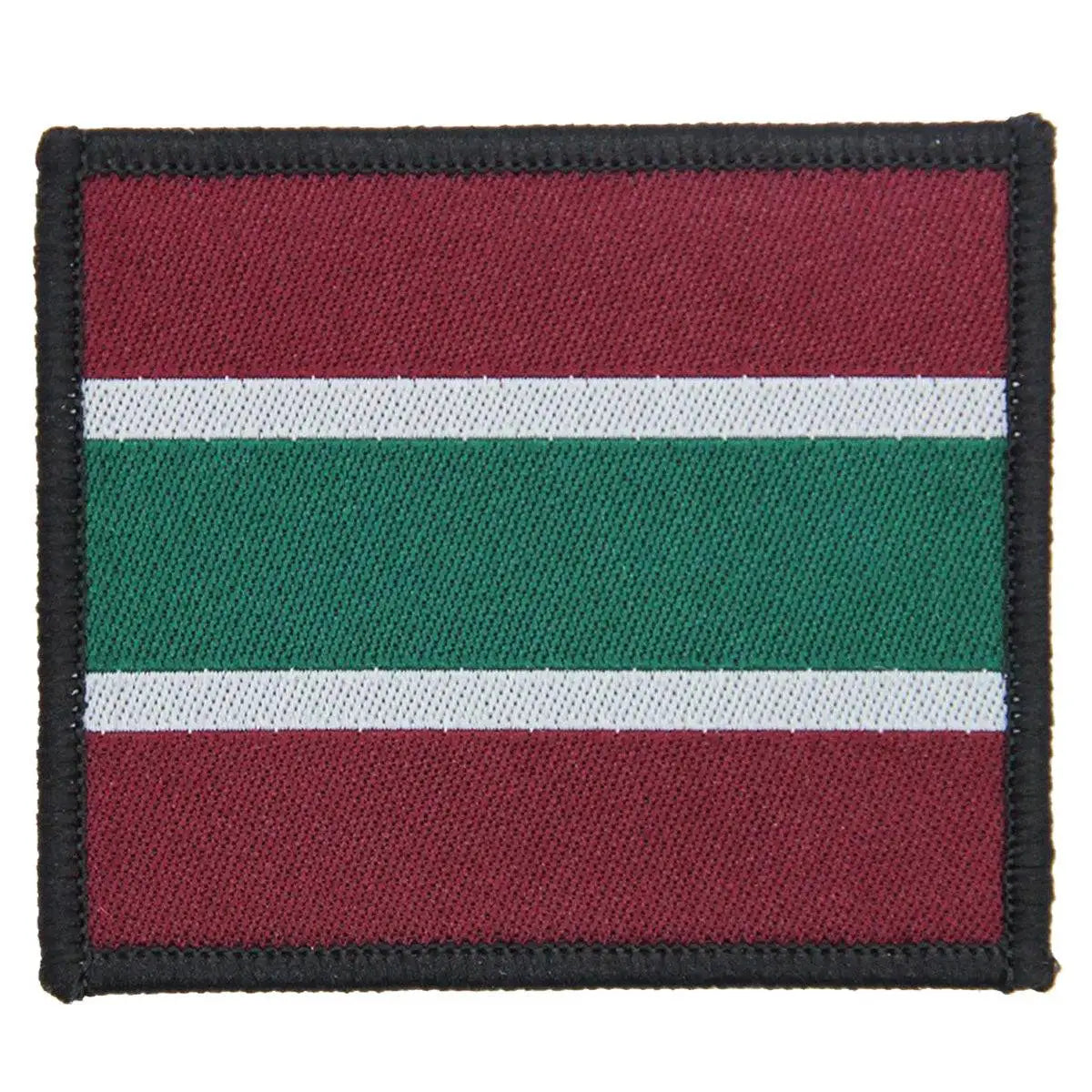 Single Royal Army Medical Services RAMS Iron On TRF Badge featuring maroon, green, and white horizontal stripes with black border. 1 Flash from  John Bull Clothing 