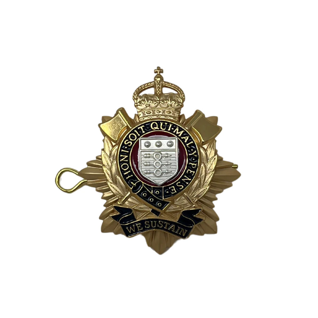 Royal Logistics Corps Officers Cap Badge with Kings Tudor Crown in gilt and silver finish, featuring enamel details and 'We Sustain' motto.