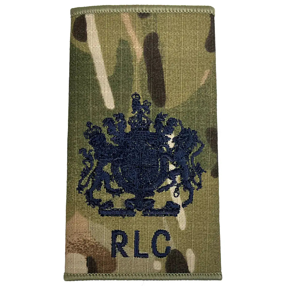 Royal Logistic Corps Multicam Rank Slide | John Bulls with royal coat of arms above RLC initials, embroidered on military multicam fabric. Kings Crown - WO1 from  John Bull Clothing 