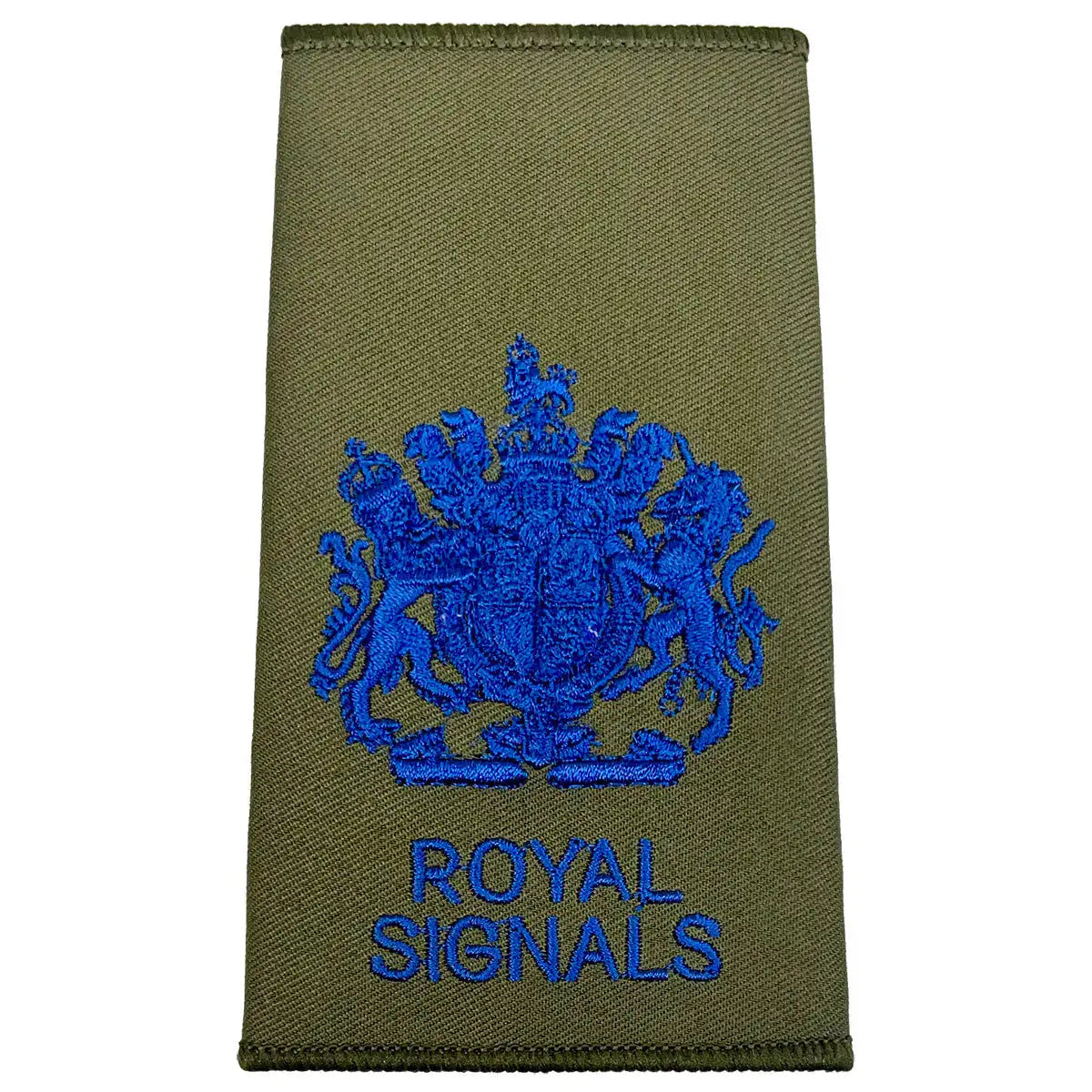 Royal Signals Olive Green Rank Slide with royal coat of arms in blue embroidery, used for high-ranking military personnel.  from  John Bull Clothing 