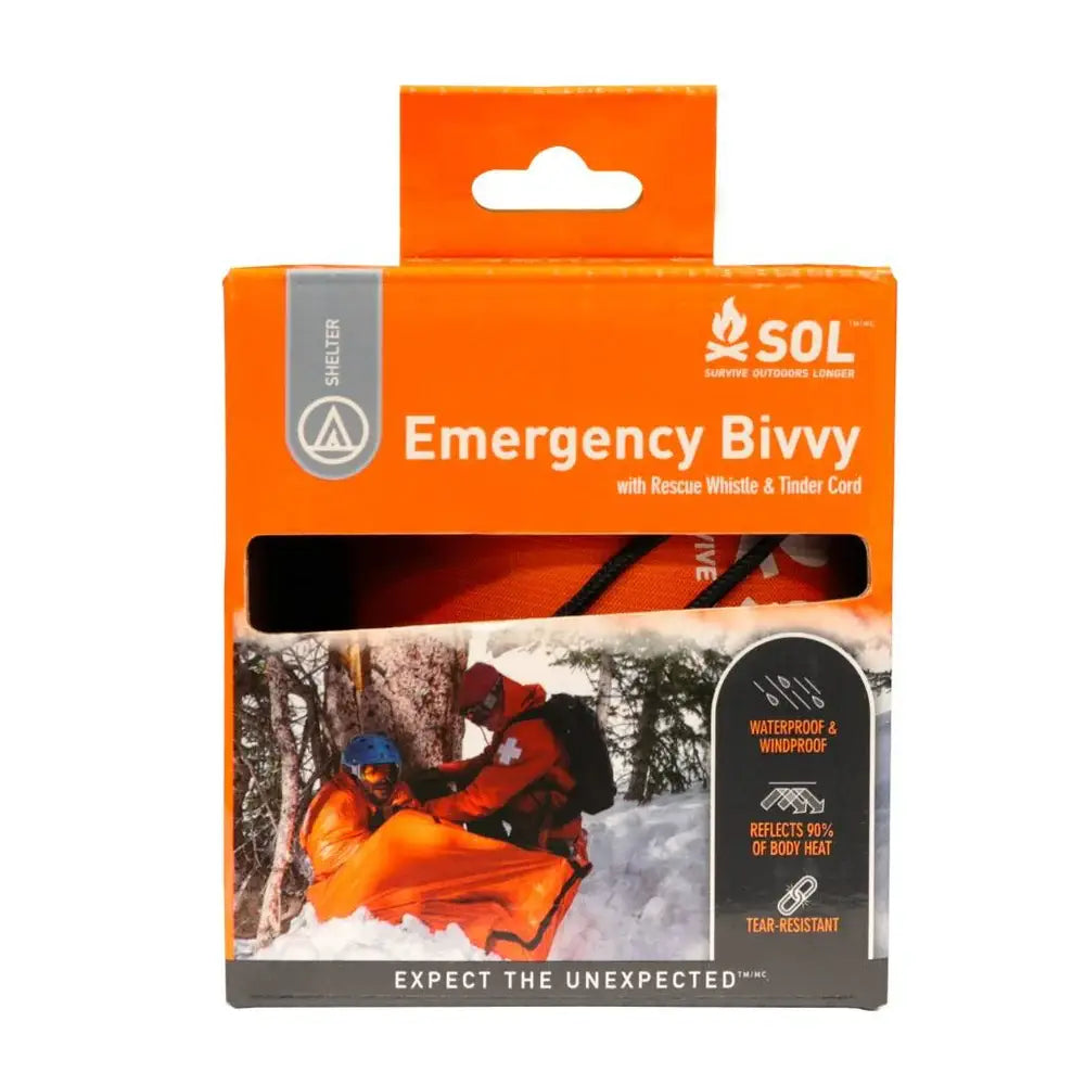 SOL Emergency Bivvy Bag Shelter with Whistle in retail packaging, ideal for survival kits and outdoor emergency preparedness.