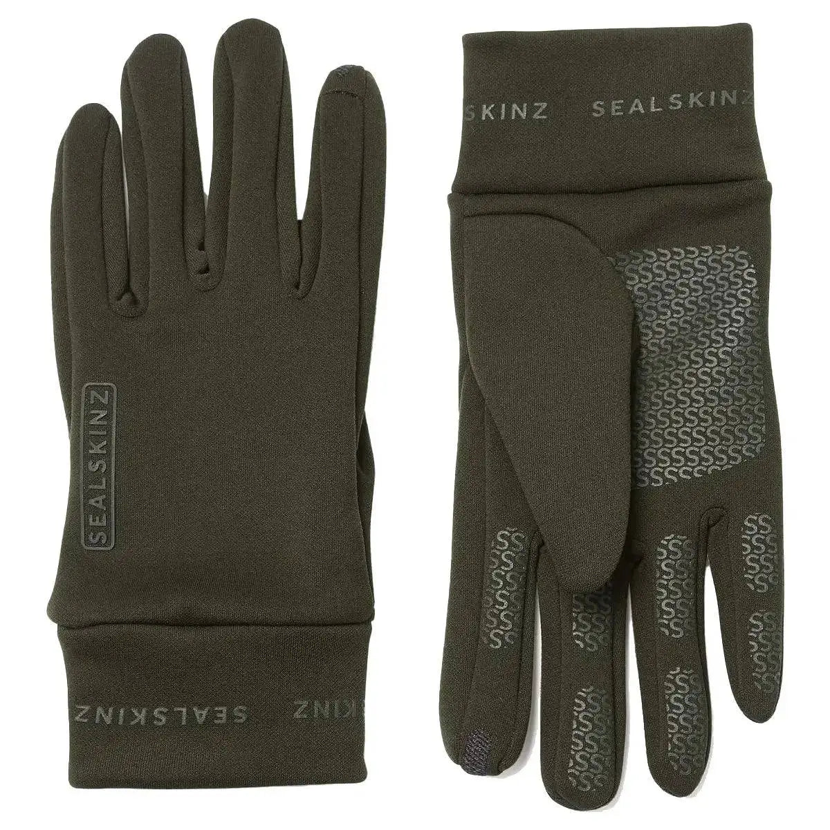 Pair of SealSkinz Acle Water Repellent Nano Fleece Gloves in green, showcasing the brand logo, snug fit, and durable construction.  from  John Bull Clothing 