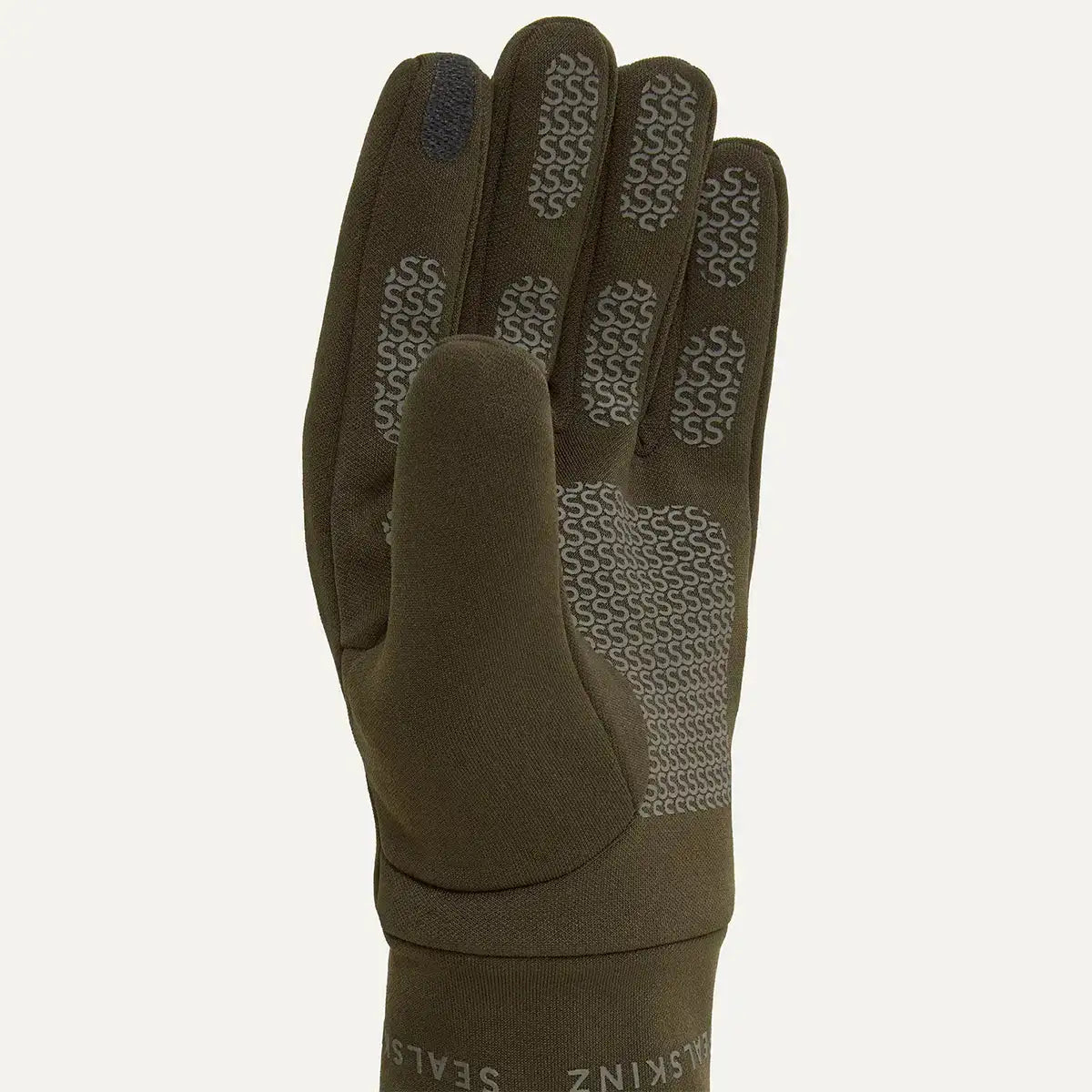 Unisex dark green waterproof soft shell glove with textured grip on palm and fingers, designed for all-weather protection