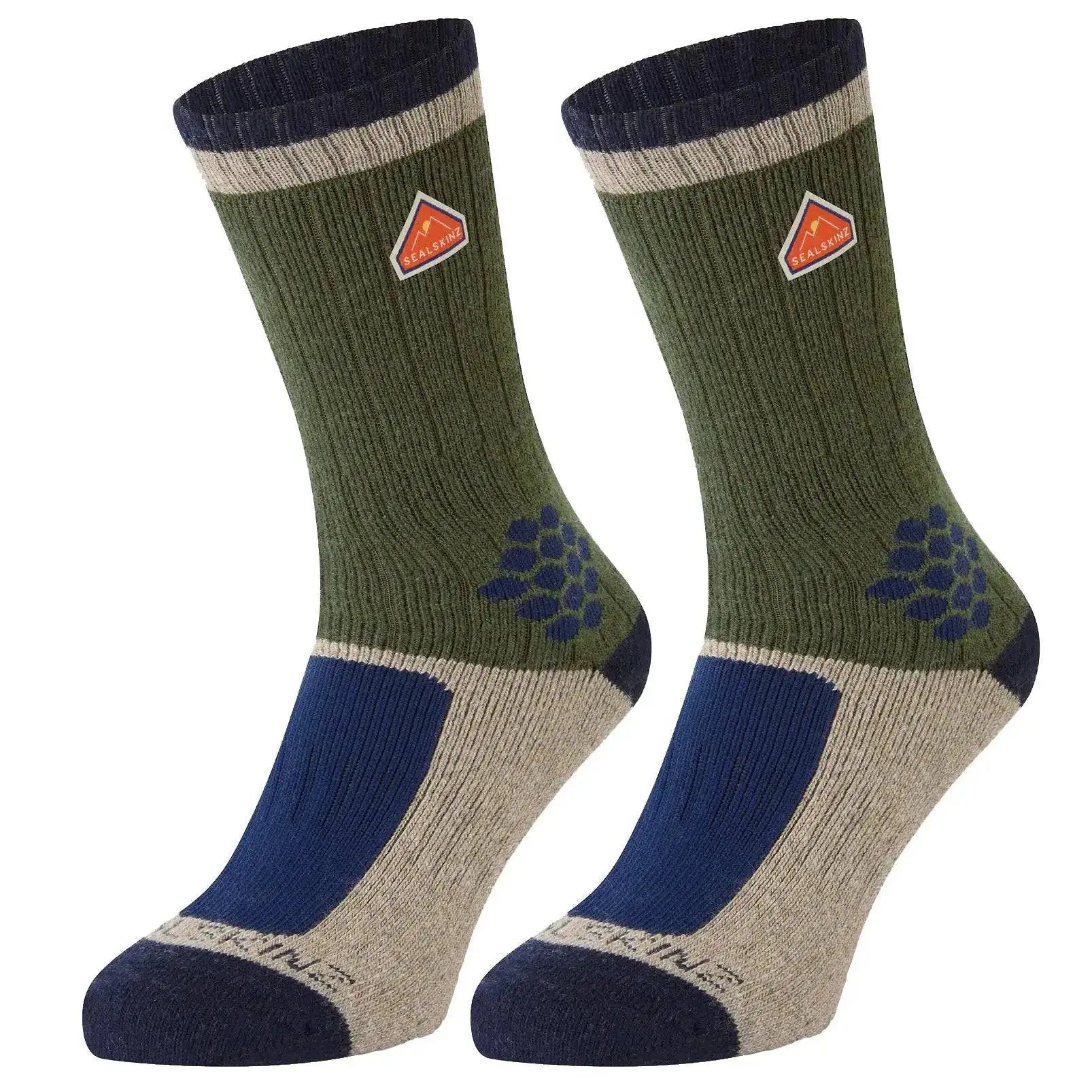 SealSkinz Gresham Recycled Wool Mid Cashmere Sock in green, navy, and beige with reinforced heel and toe. Durable, eco-friendly, and comfortable. Olive Green from  John Bull Clothing 
