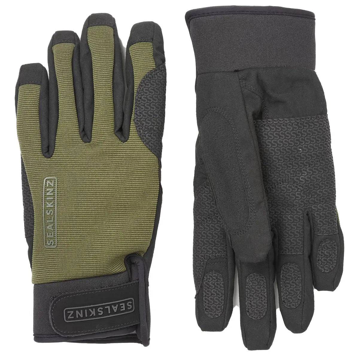 SealSkinz Harling Waterproof All Weather Gloves in green and black, designed for outdoor activities with durable, three-layer construction.