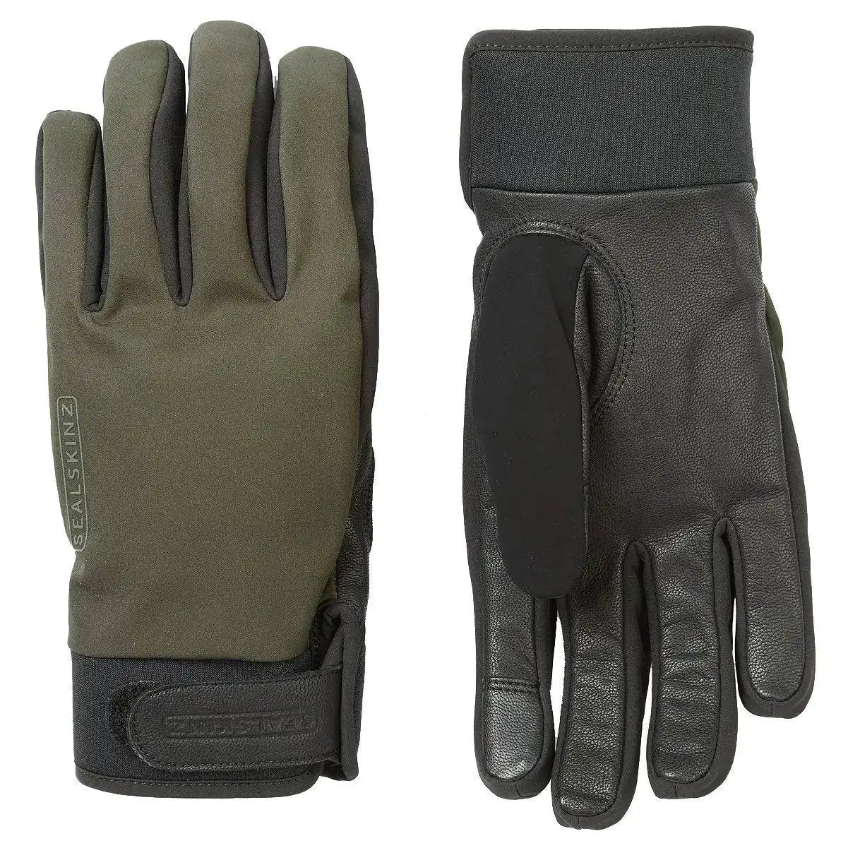 SealSkinz Kelling Waterproof Gloves All Weather Insulated in green and black, featuring durable leather palms and adjustable wrist straps.  from  John Bull Clothing 