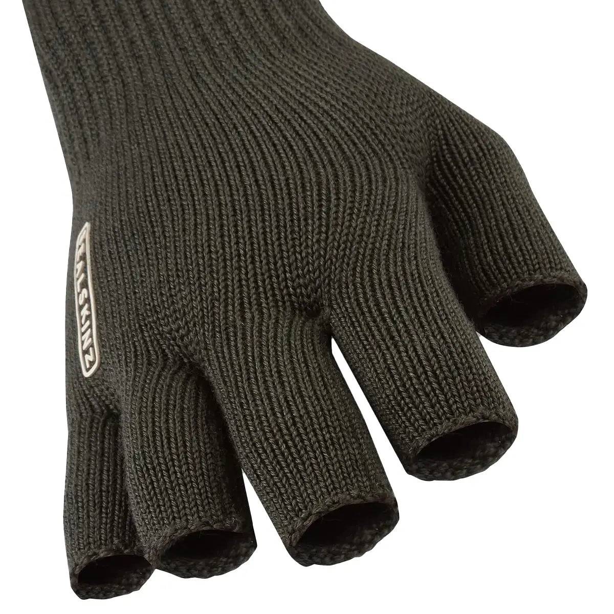 Close-up of SealSkinz Thornham Merino Fingerless Gloves showcasing ribbed knit design and breathable Merino wool fabric for warmth and comfort.