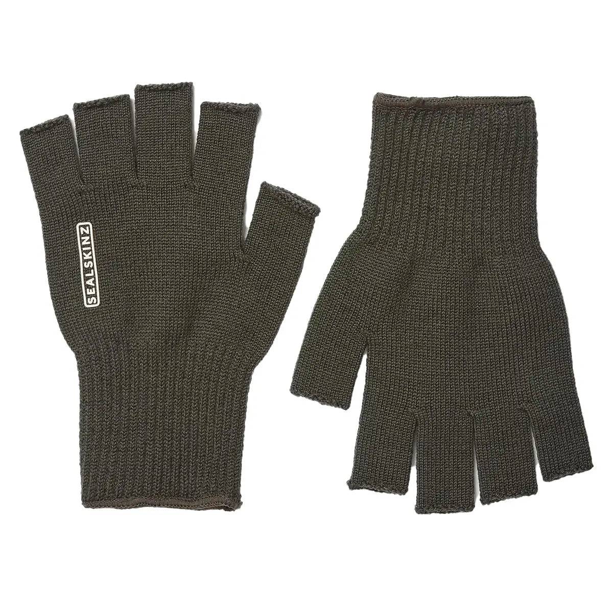 SealSkinz Thornham Merino Fingerless Gloves in olive green, crafted from 89% Merino wool for insulation and moisture-wicking. Ideal for outdoor activities.