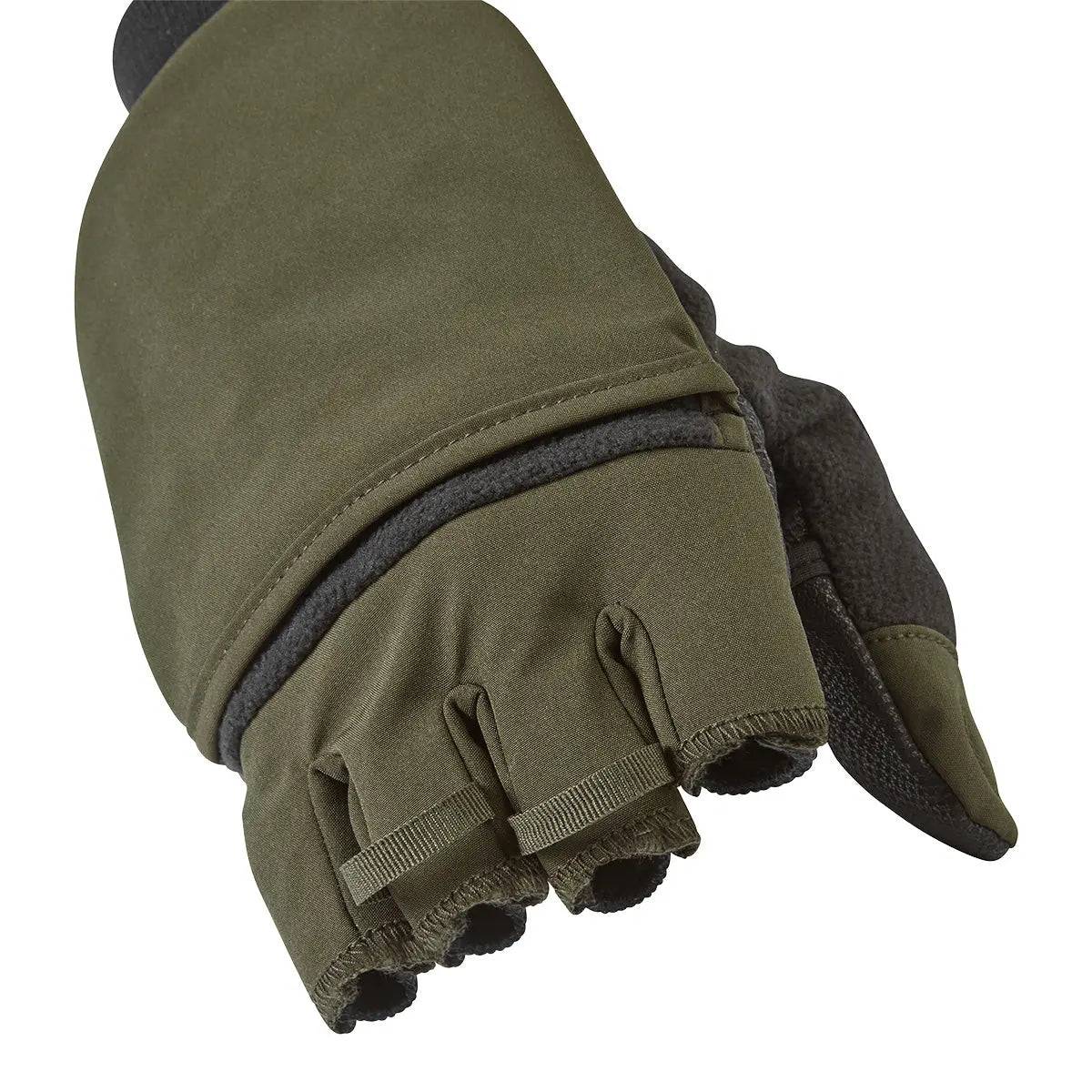 Close-up of SealSkinz Walpole Convertible Mitt, highlighting the fold-back finger cover with secure fastening for dexterity in cold weather.