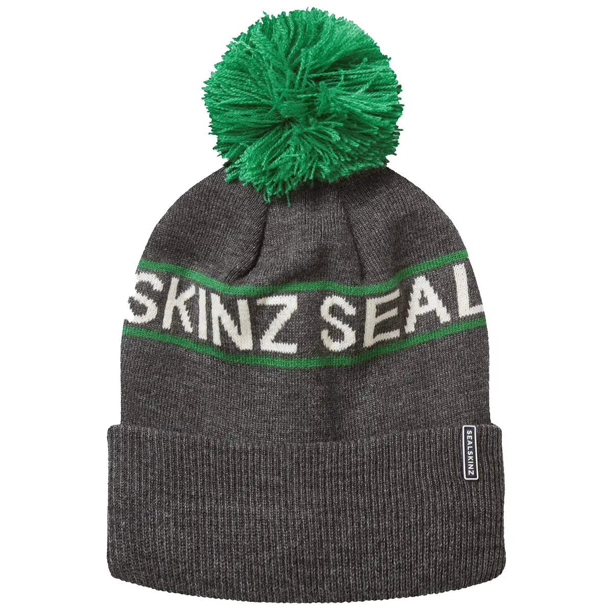 Charcoal grey Sealskinz Heacham Waterproof Cold Weather Icon Bobble Hat with green pom-pom and stripe, designed for cold, wet climates.