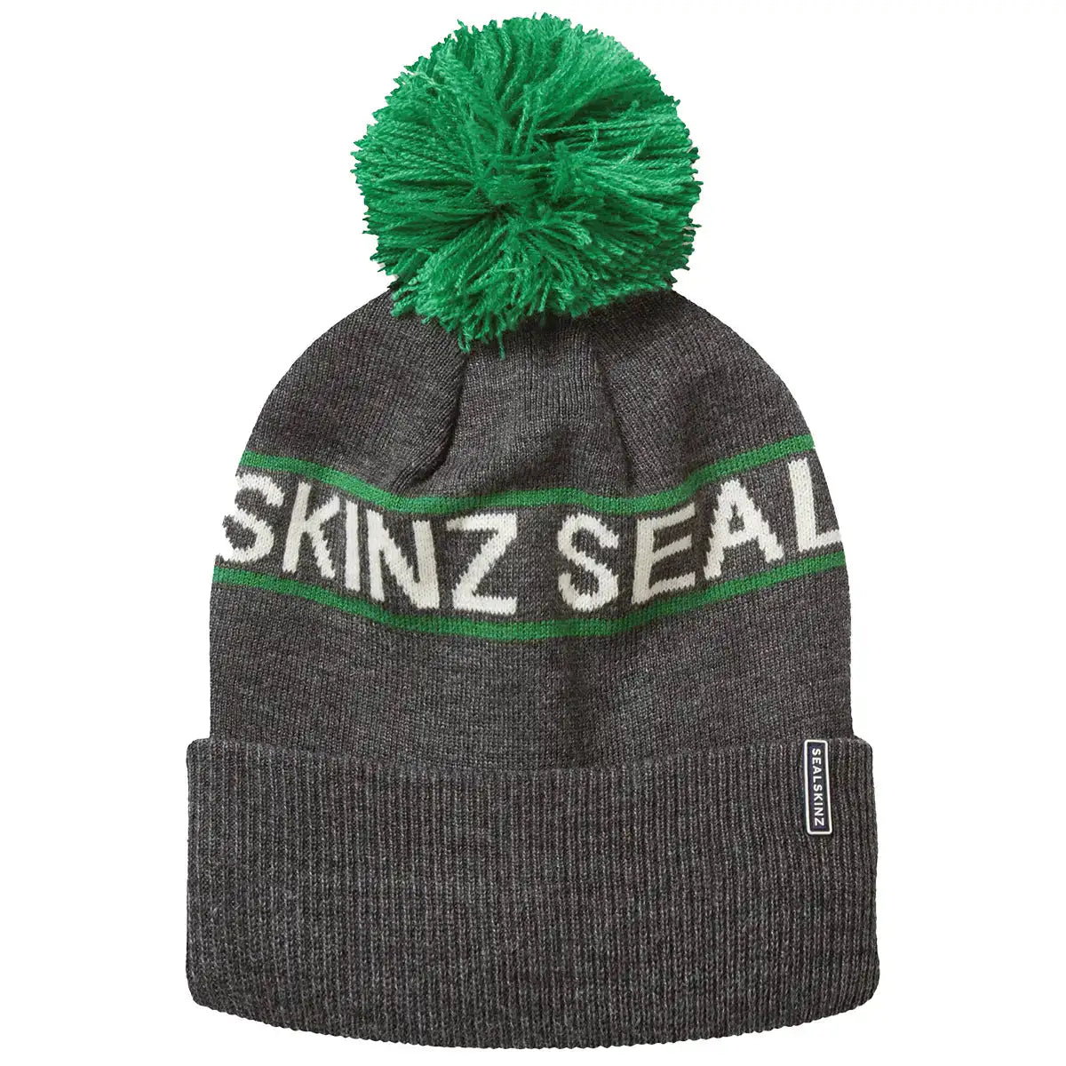 Charcoal grey Sealskinz Heacham Waterproof Cold Weather Icon Bobble Hat with green pom-pom and stripe, designed for cold, wet climates. Dark Grey Marl 2025 from  John Bull Clothing 