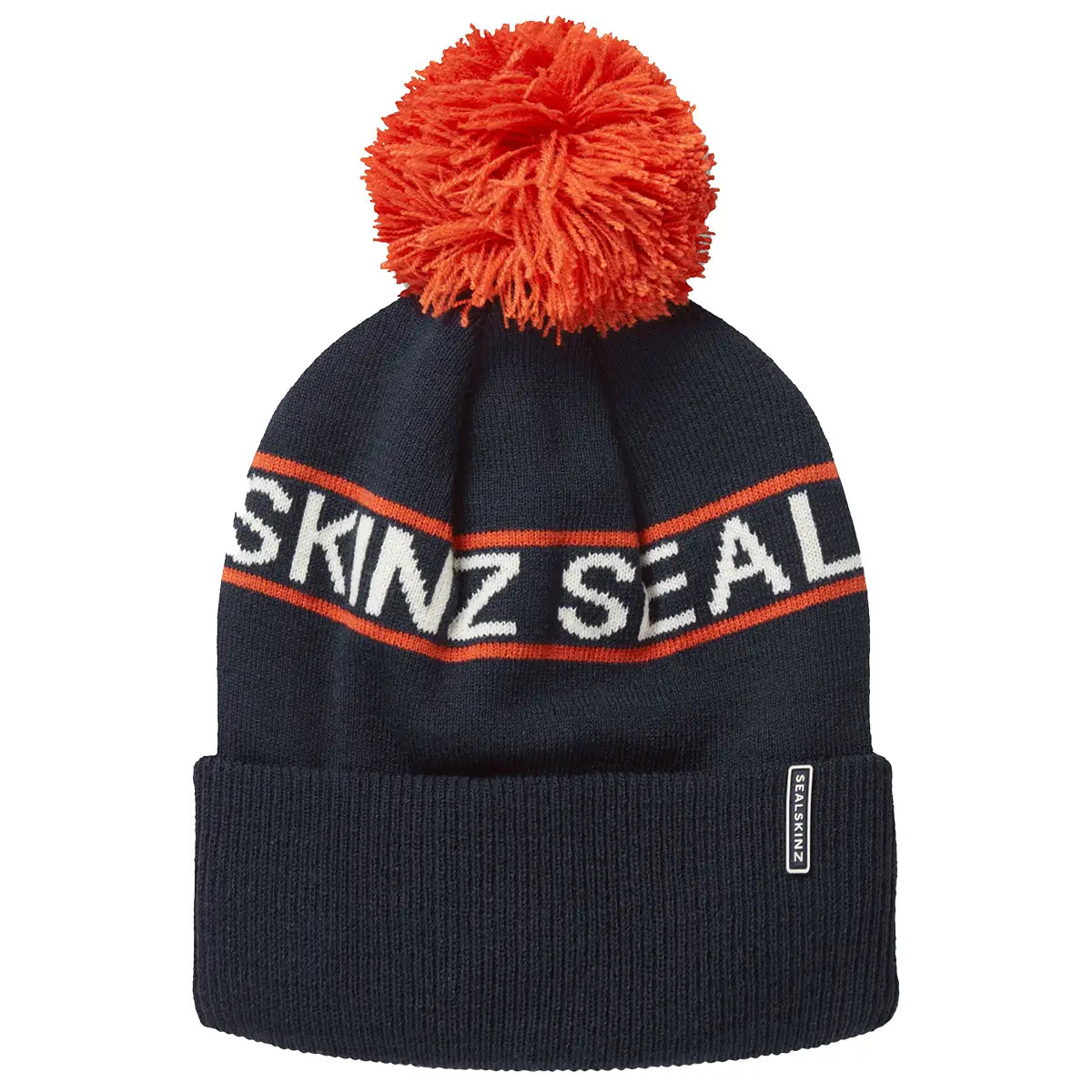 Navy Sealskinz Heacham Waterproof Cold Weather Icon Bobble Hat with orange pom-pom and stripe, stylish and functional cold weather gear.