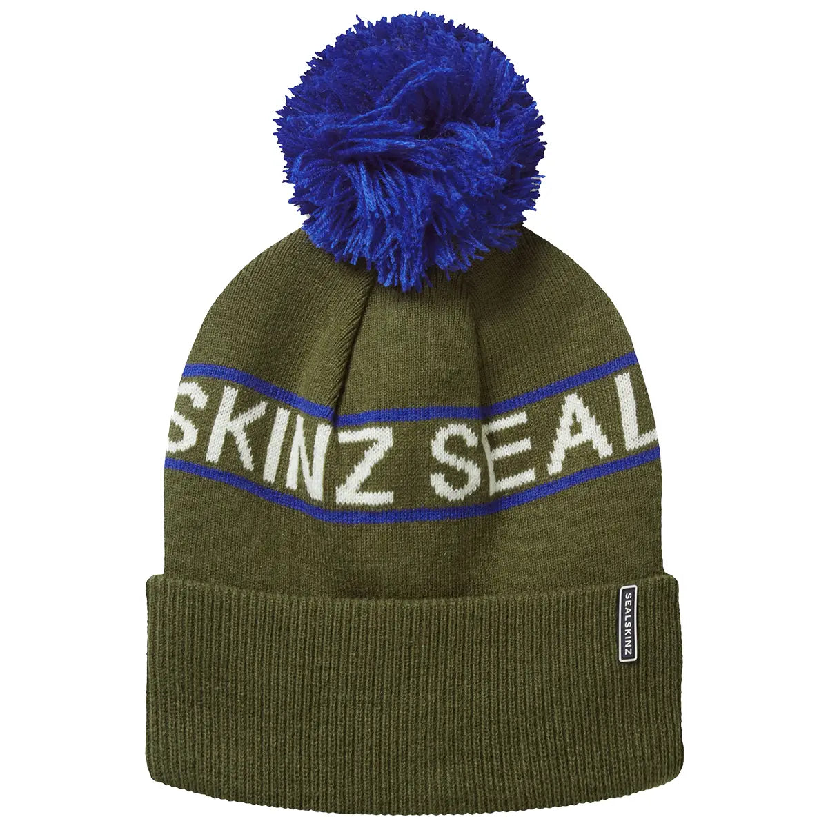 Olive Sealskinz Heacham Waterproof Cold Weather Icon Bobble Hat with blue pom-pom and stripe, warm and waterproof for winter use.