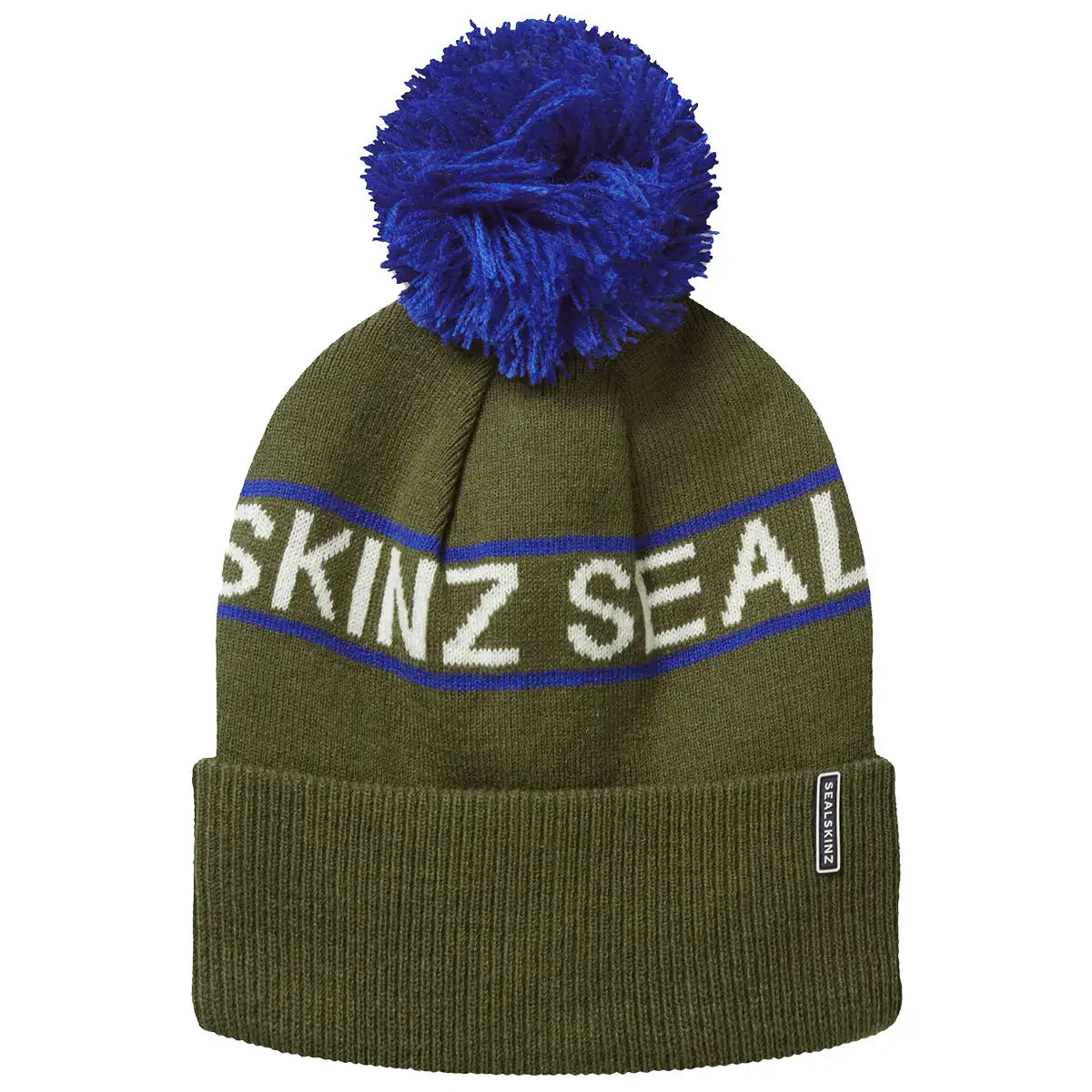 Olive Sealskinz Heacham Waterproof Cold Weather Icon Bobble Hat with blue pom-pom and stripe, warm and waterproof for winter use. Olive 2025 from  John Bull Clothing 