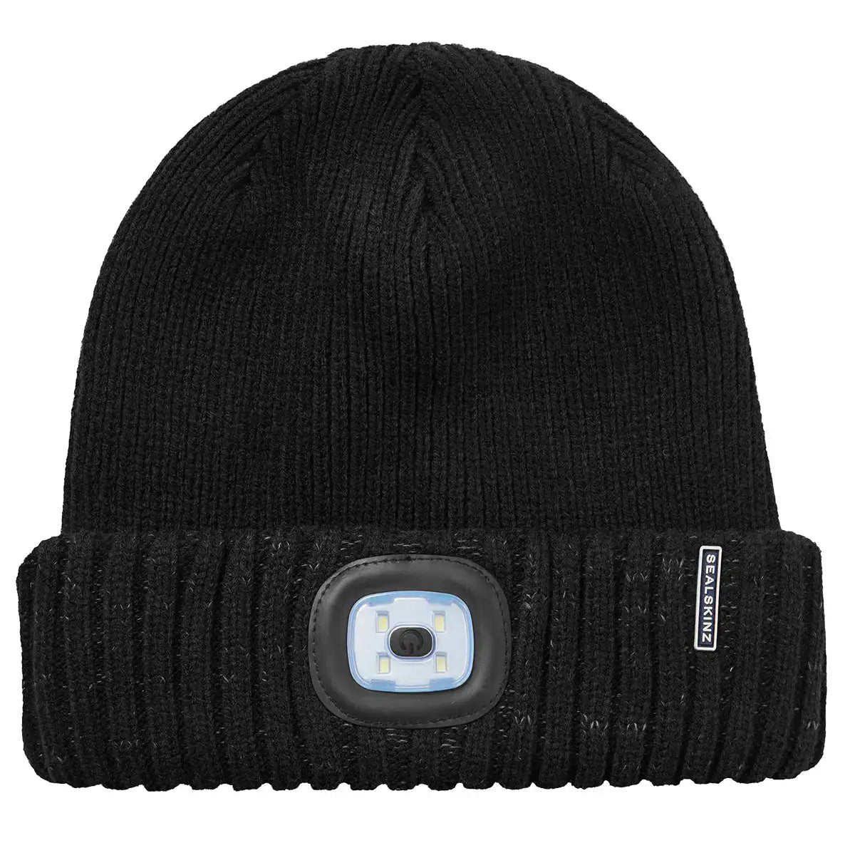 Black knit beanie with LED light and waterproof material, designed for cold weather outdoor activities, featuring a roll cuff and Sealskinz branding - SKU: JB1632-S-M