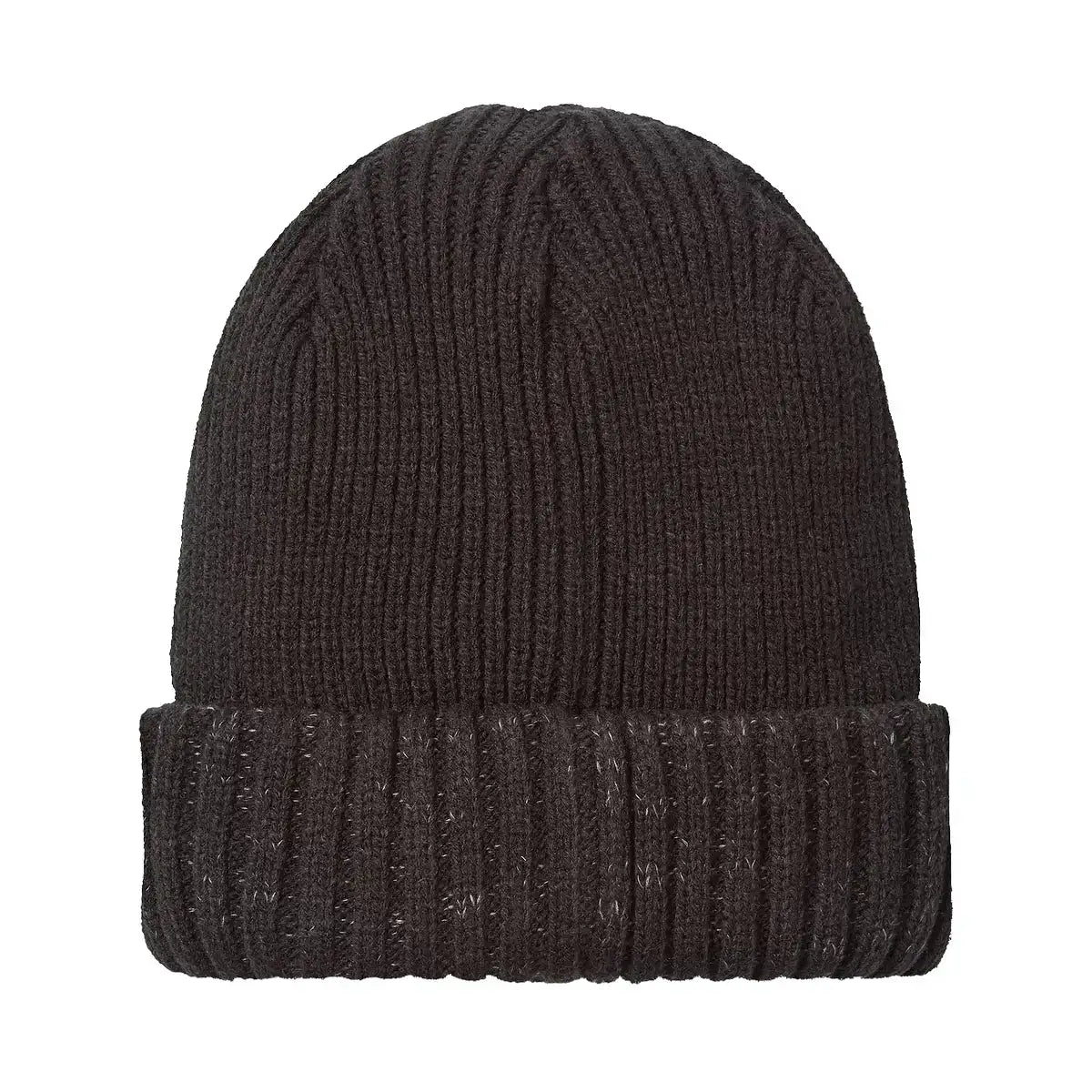 Black knit beanie with fold-over cuff and integrated LED light on front, ideal for outdoor use in cold weather, unisex style