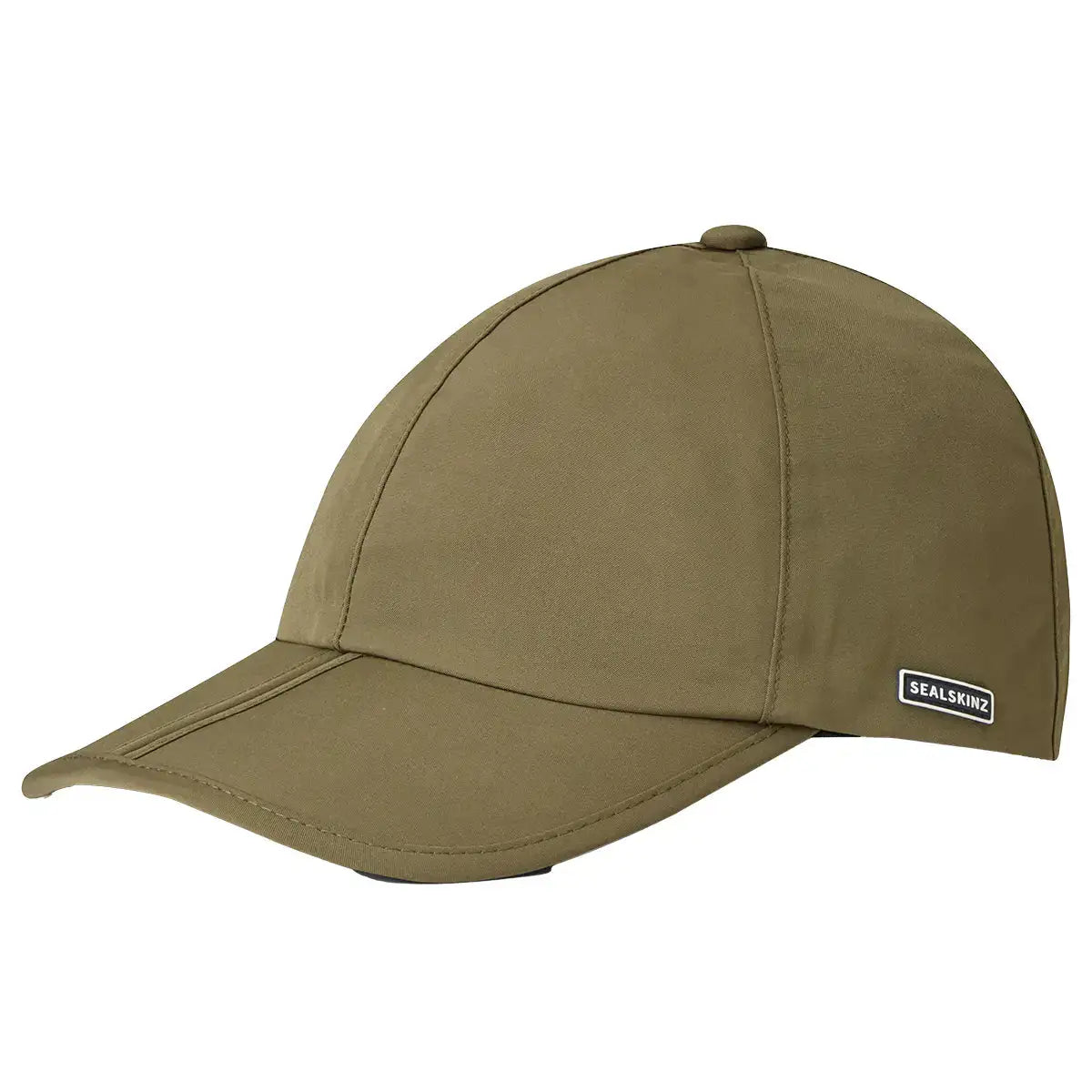 Olive green Sealskinz Salle Waterproof Foldable Peak Cap featuring a sleek design and side logo patch, perfect for rain or shine. Olive Green from  John Bull Clothing 