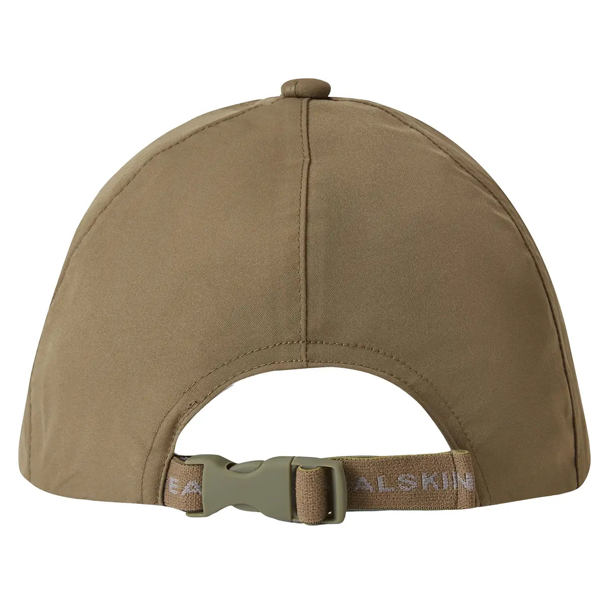 Back view of olive Sealskinz Salle Waterproof Foldable Peak Cap with adjustable strap and Sealskinz branding for a secure fit.
