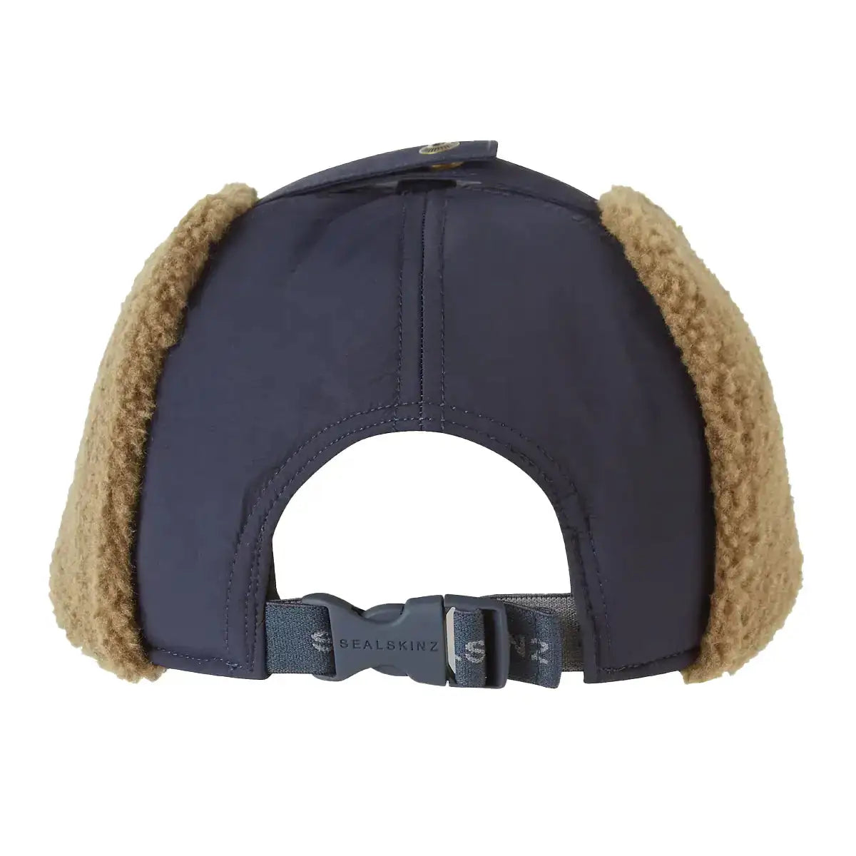 Rear view of navy Sealskinz Upton WP Extreme Cold Weather Puffer Hat featuring adjustable buckle and cozy fleece ear flaps for winter wear.  from  John Bull Clothing 