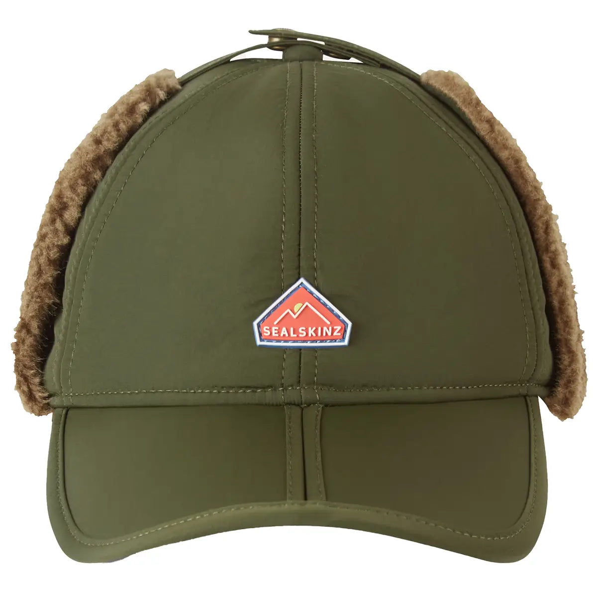 Olive green Sealskinz Upton WP Extreme Cold Weather Puffer Hat featuring fleece-lined ear flaps and waterproof design for cold climates.