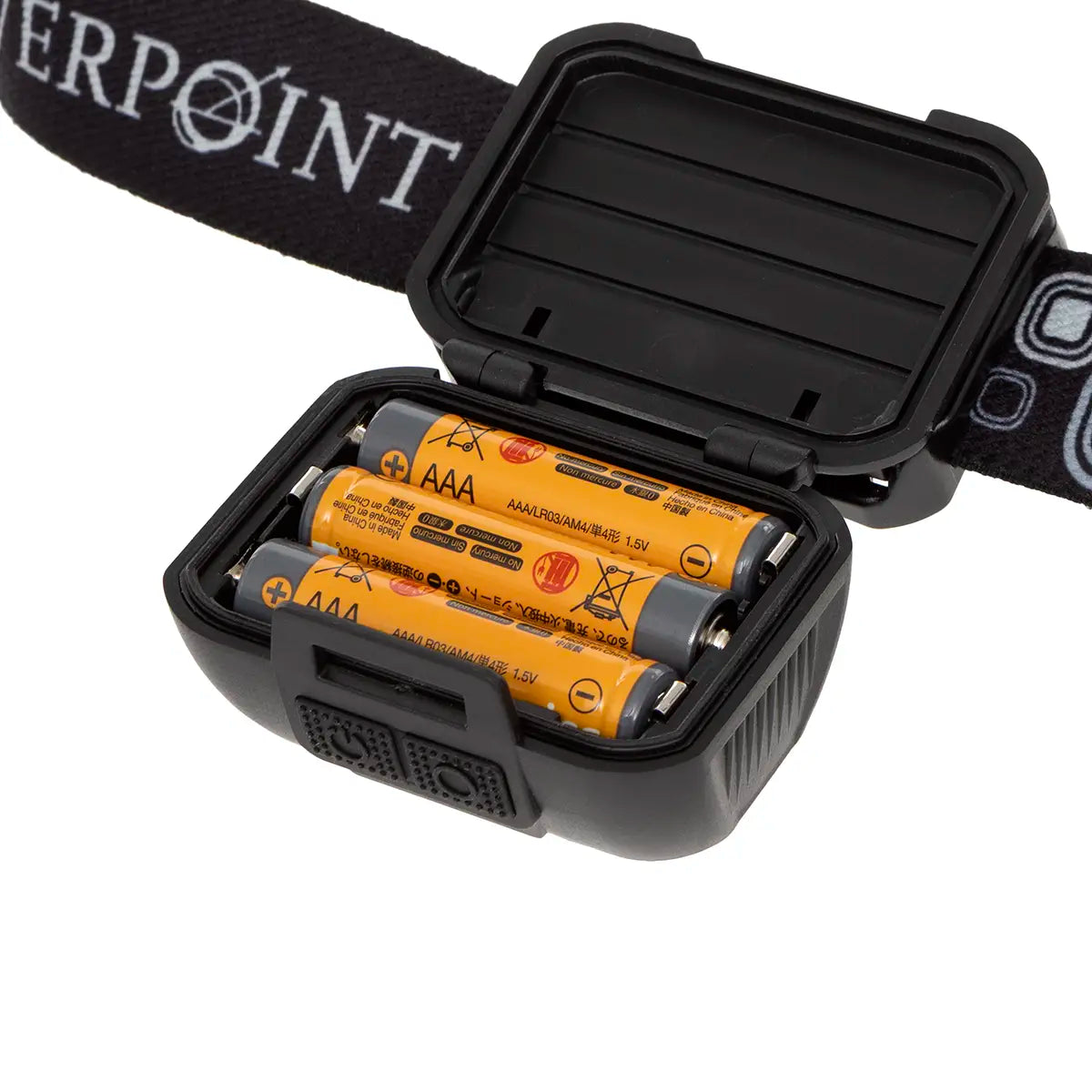 Battery compartment of Silverpoint Ranger Head Torch RC540 open with three AAA batteries, offering rechargeable or battery-powered options.
