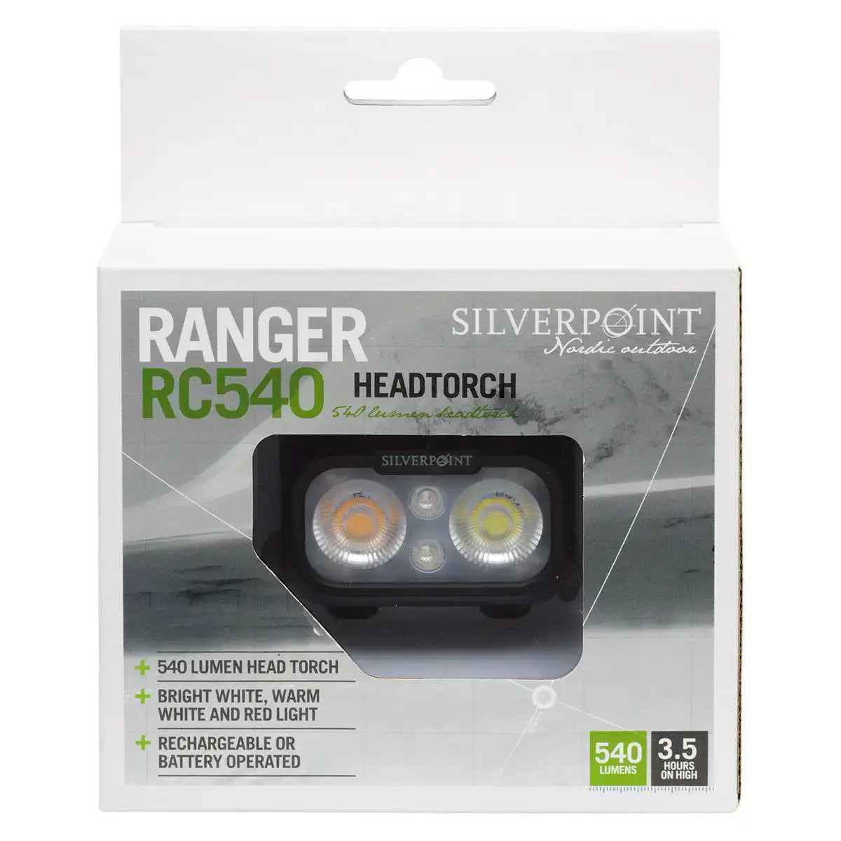 Retail packaging of Silverpoint Ranger Head Torch RC540 highlighting 540 lumens, red light feature, and dual power options for outdoor use.  from  John Bull Clothing 